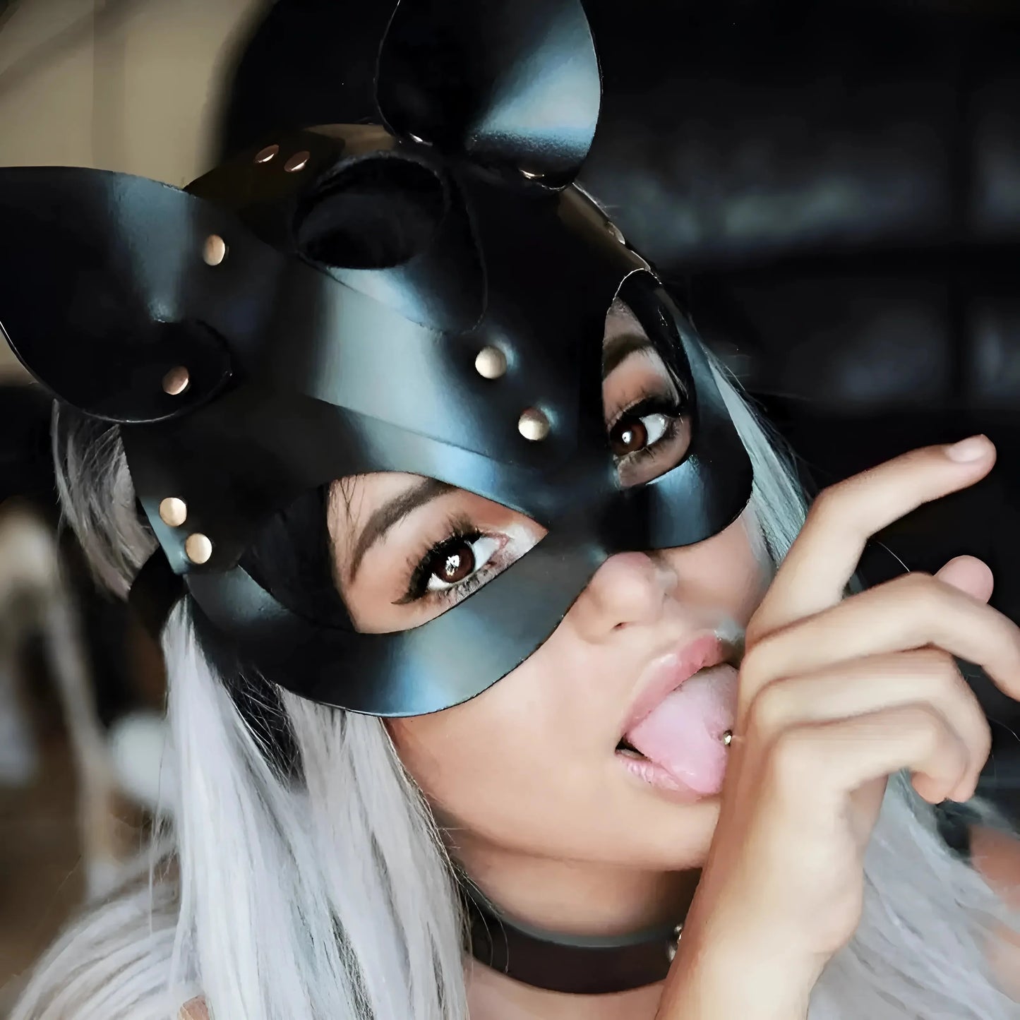 Nero Maschera di pelle per gatti con orecchie