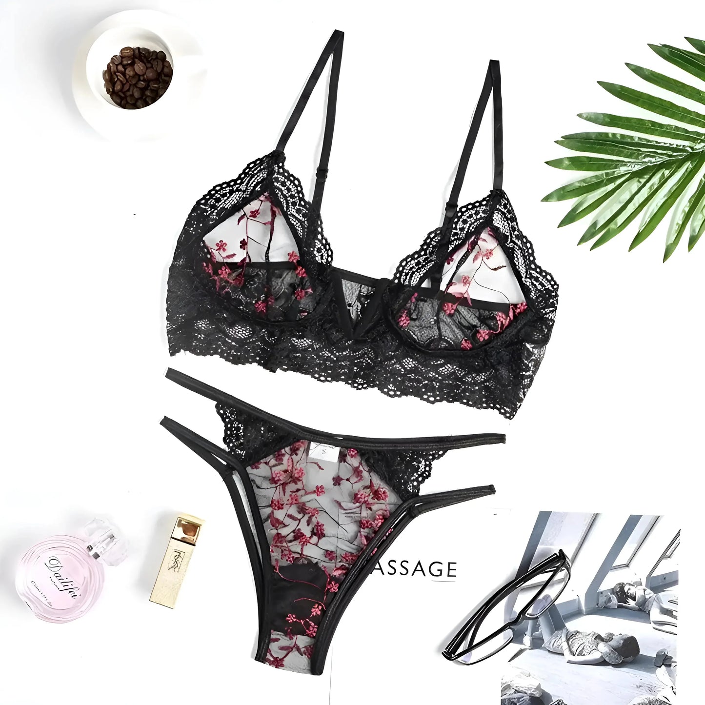 Nero Set di Lingerie con Cinghie Decorative