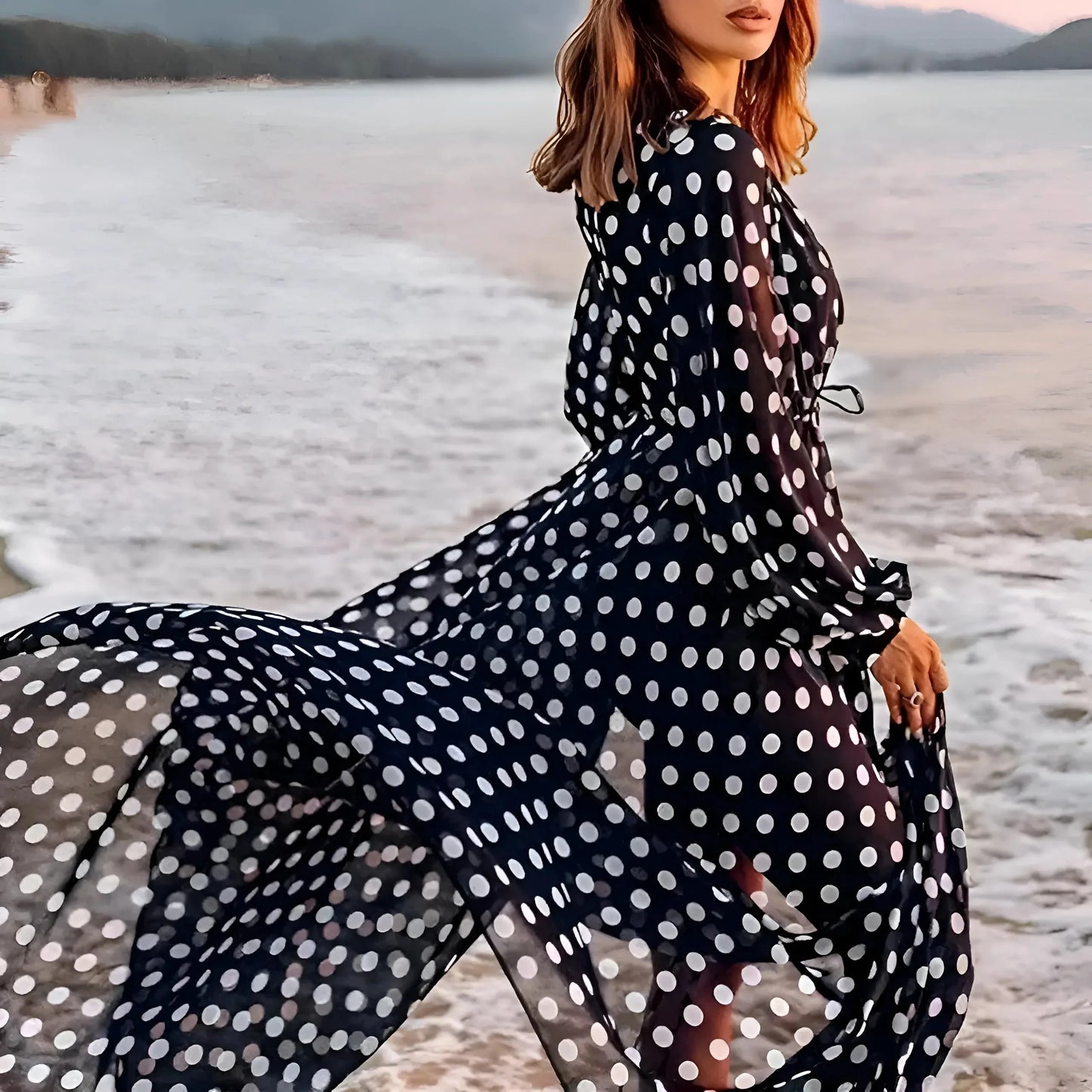 Nero Kimono da Spiaggia a Pois