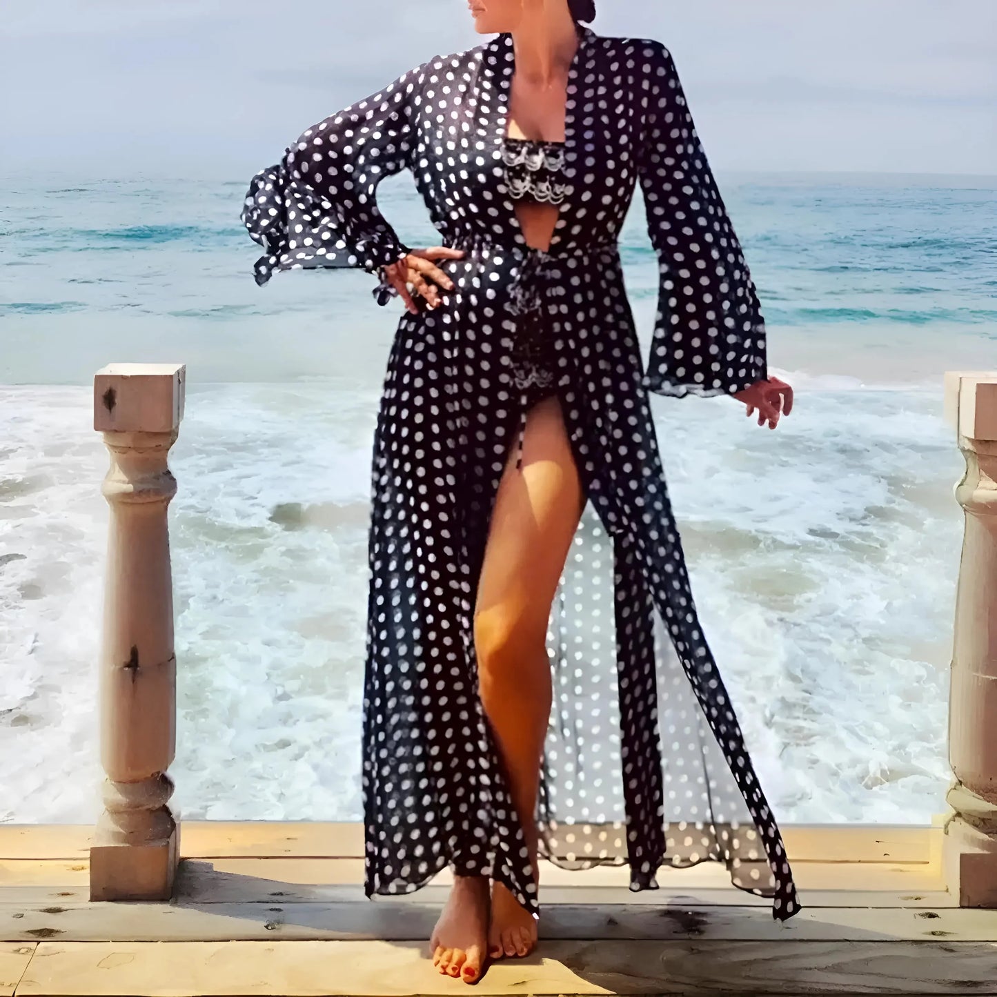 Nero Kimono da Spiaggia a Pois