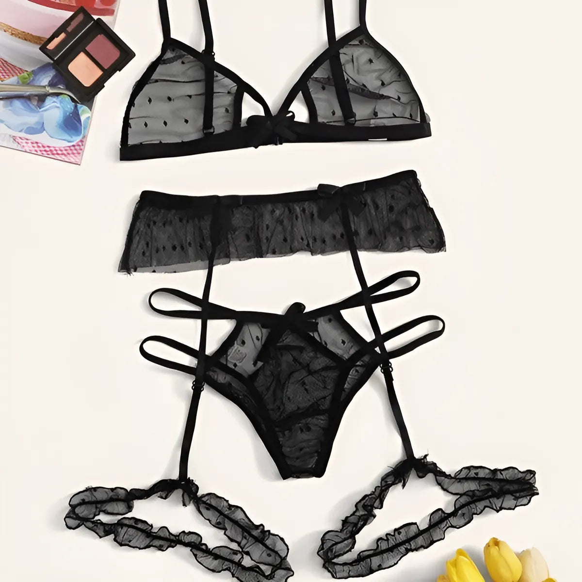 Nero Set di Lingerie in Pizzo a Pois