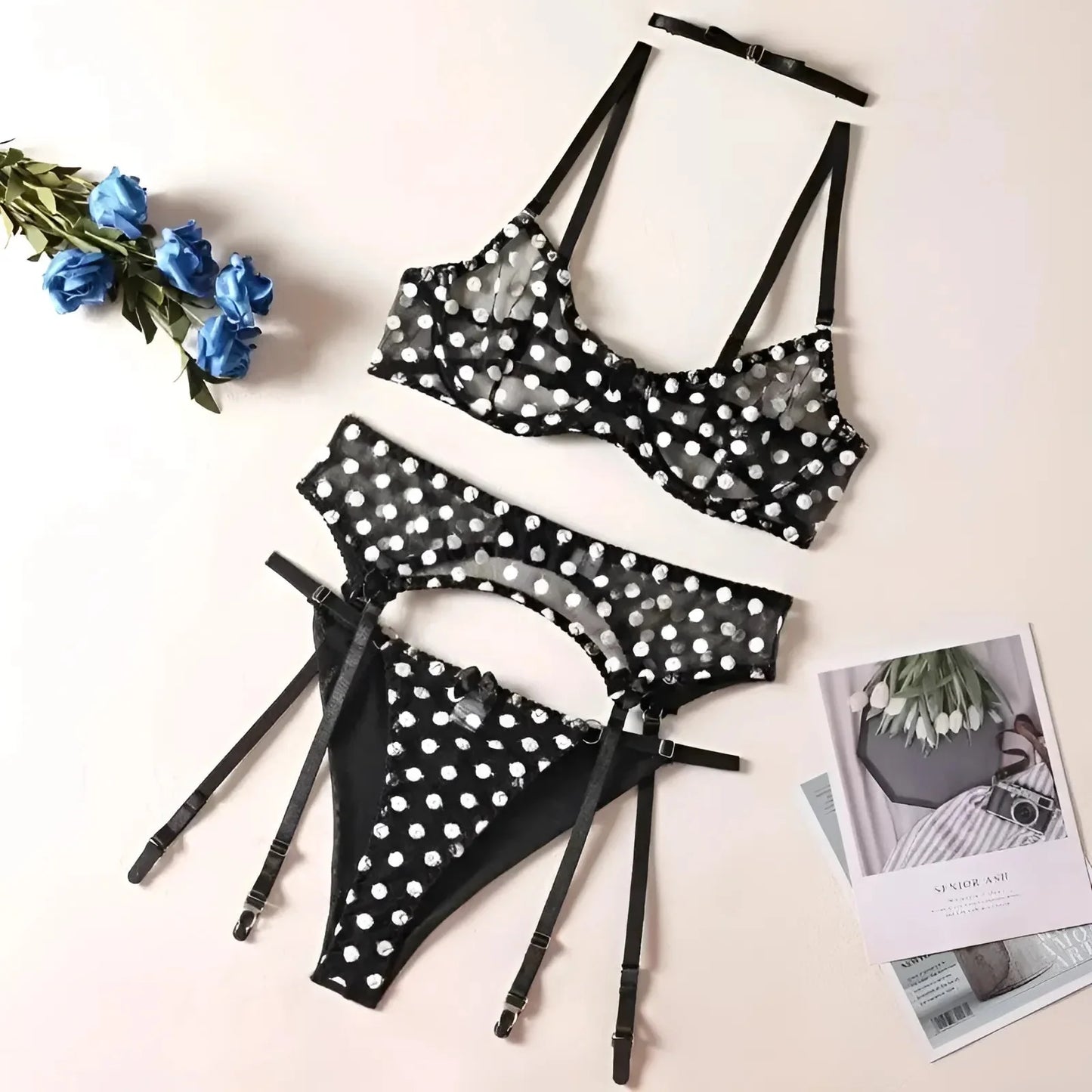 Nero Set di Lingerie in Rete a Pois Sensuale con Collana