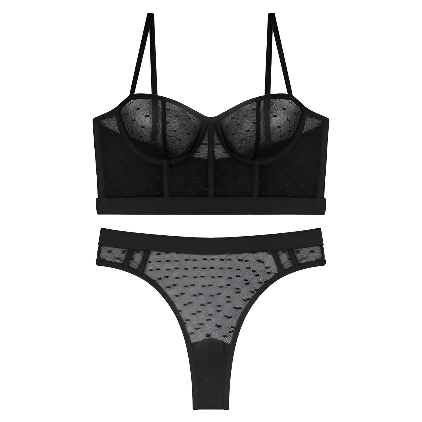 Nero Set di Lingerie Trasparente con Slip a Vita Bassa