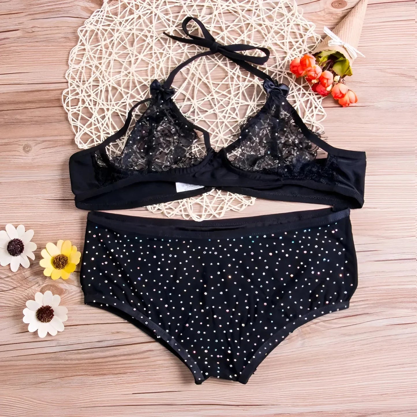 Nero Set di Lingerie in Pizzo Luminoso