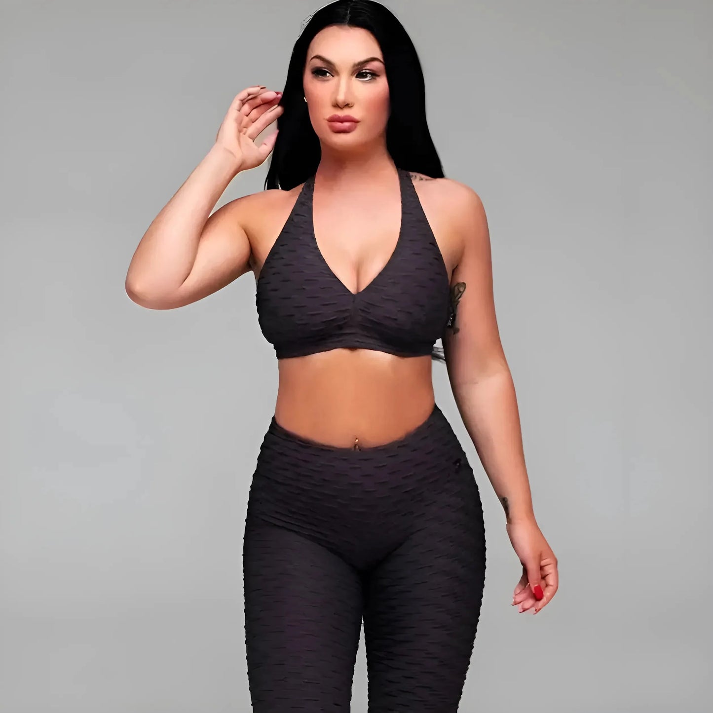 Nero Set Sportivo con Scollatura a V