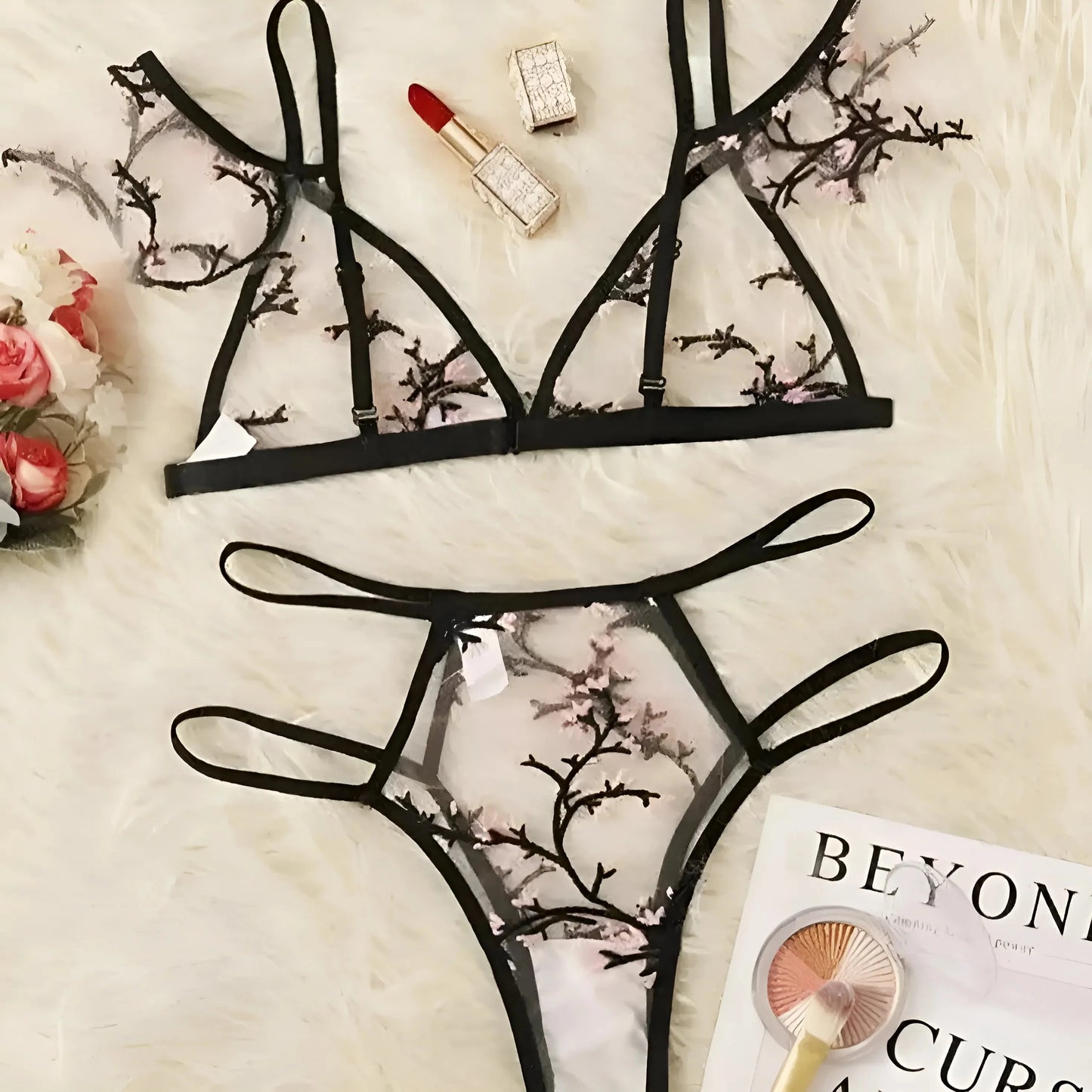 Nero Set di Lingerie in Pizzo Trasparente