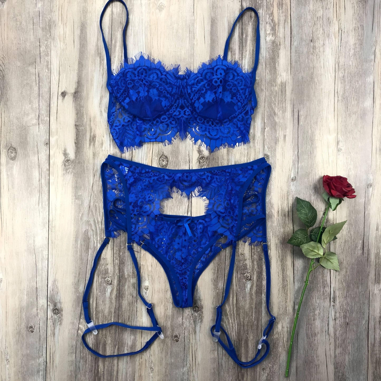 Blu Set di Lingerie in Pizzo a 3 Pezzi con Cinghie per Cosce