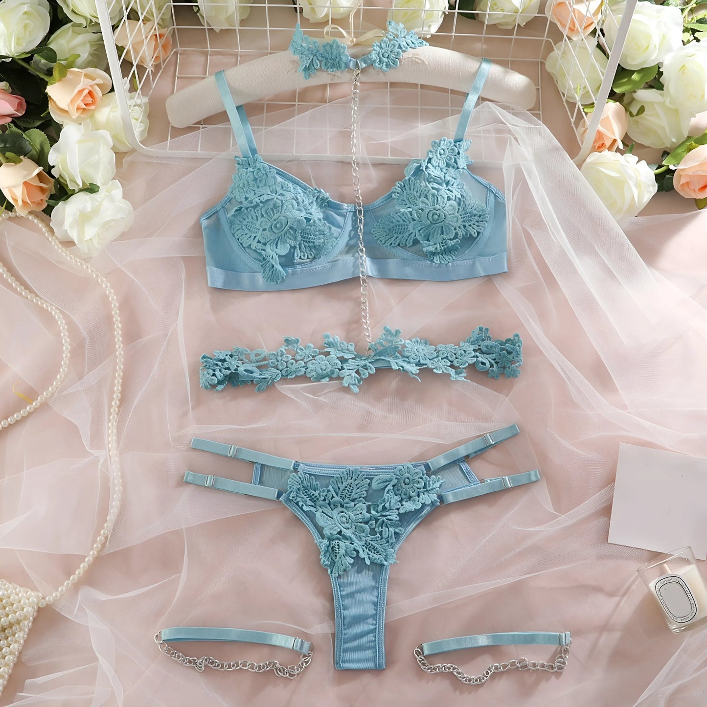 Blu Set di Lingerie a 3 Pezzi con Pizzo Floreale