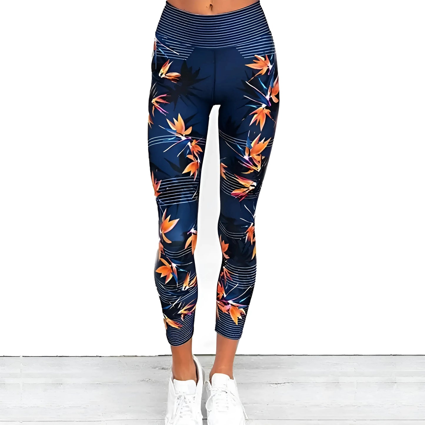Blu Leggings Sportivi con Stampa Floreale