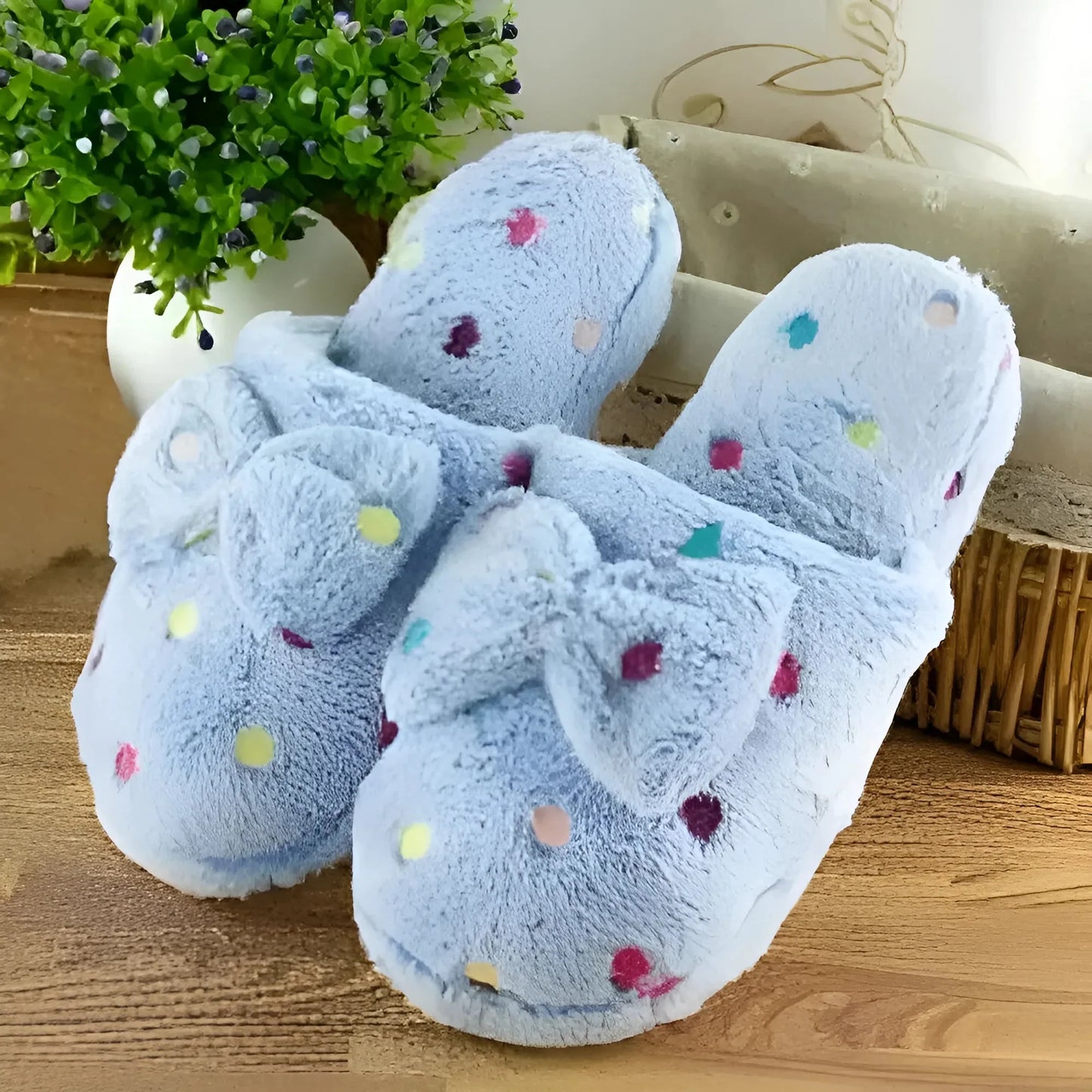 Blu Pantofole da casa con fiocco