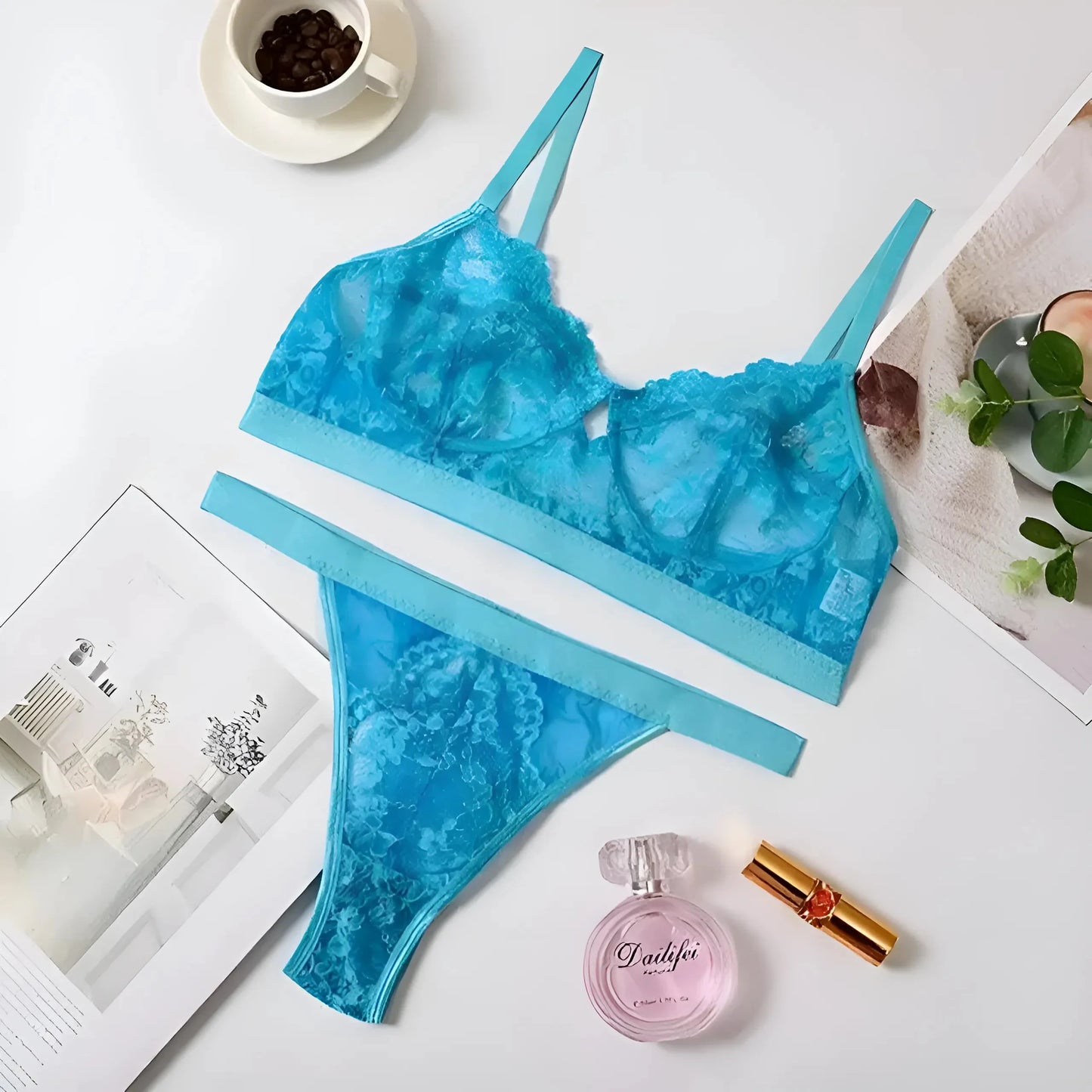 Blu Set di Lingerie in Pizzo a Vita Alta