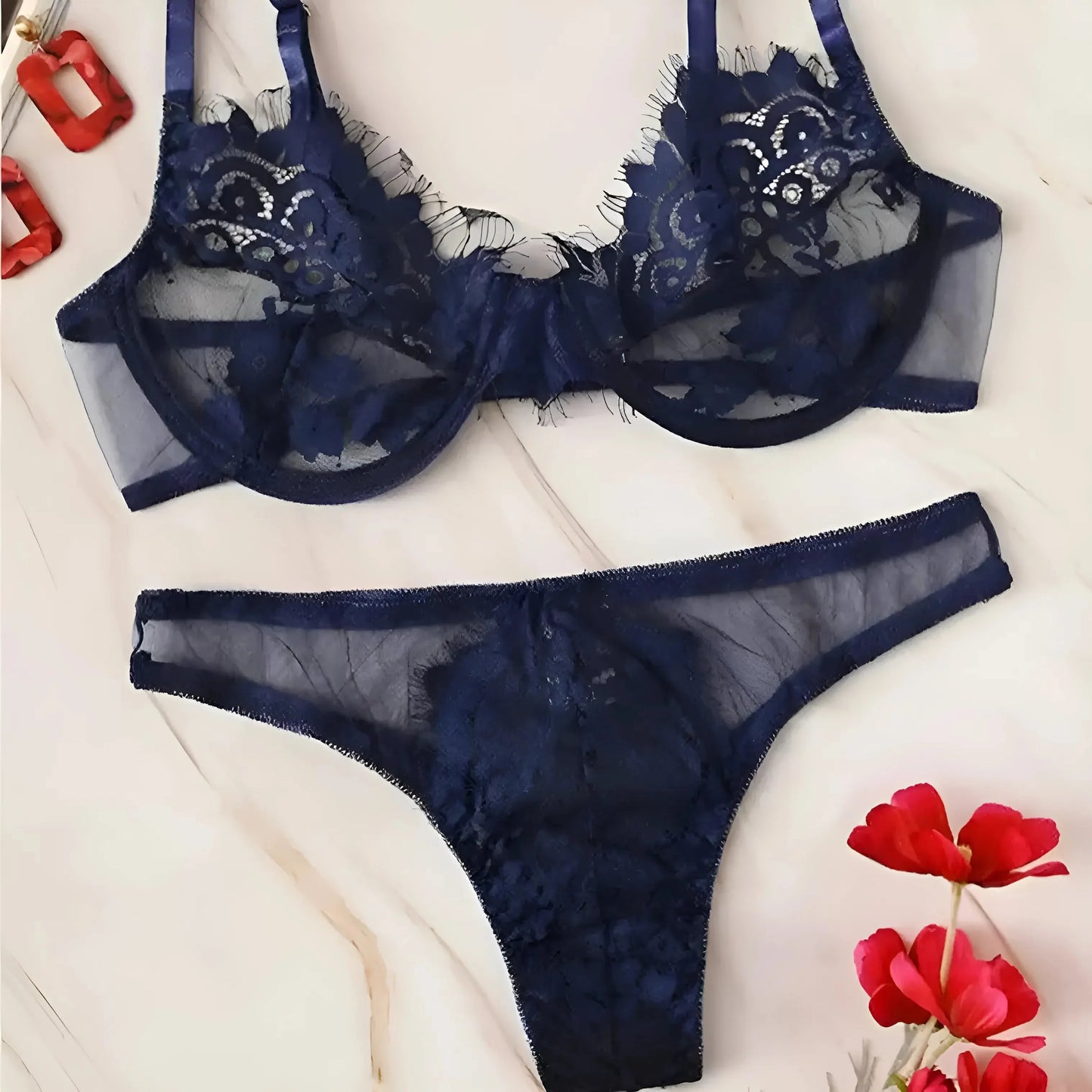 Blu Set di Lingerie in Pizzo
