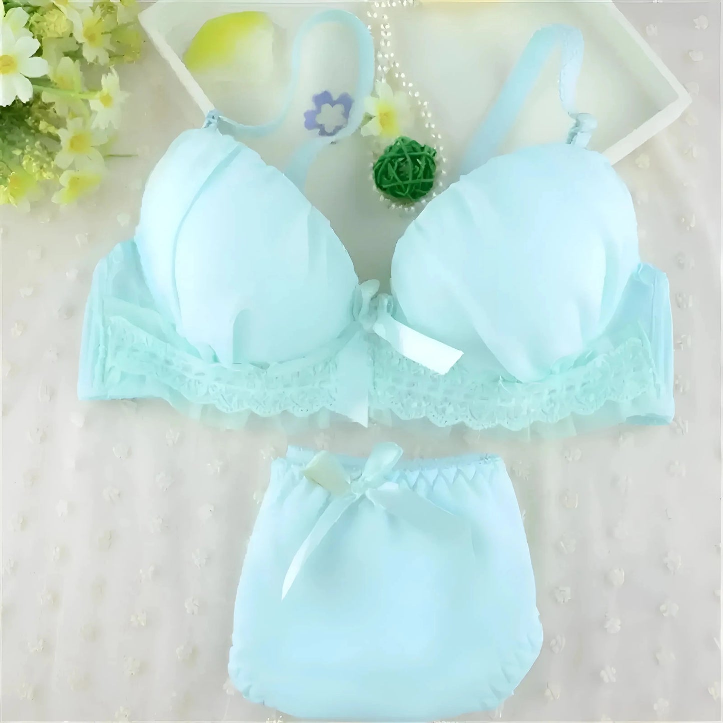 Blu Set di Lingerie in Pizzo con Fiocchi