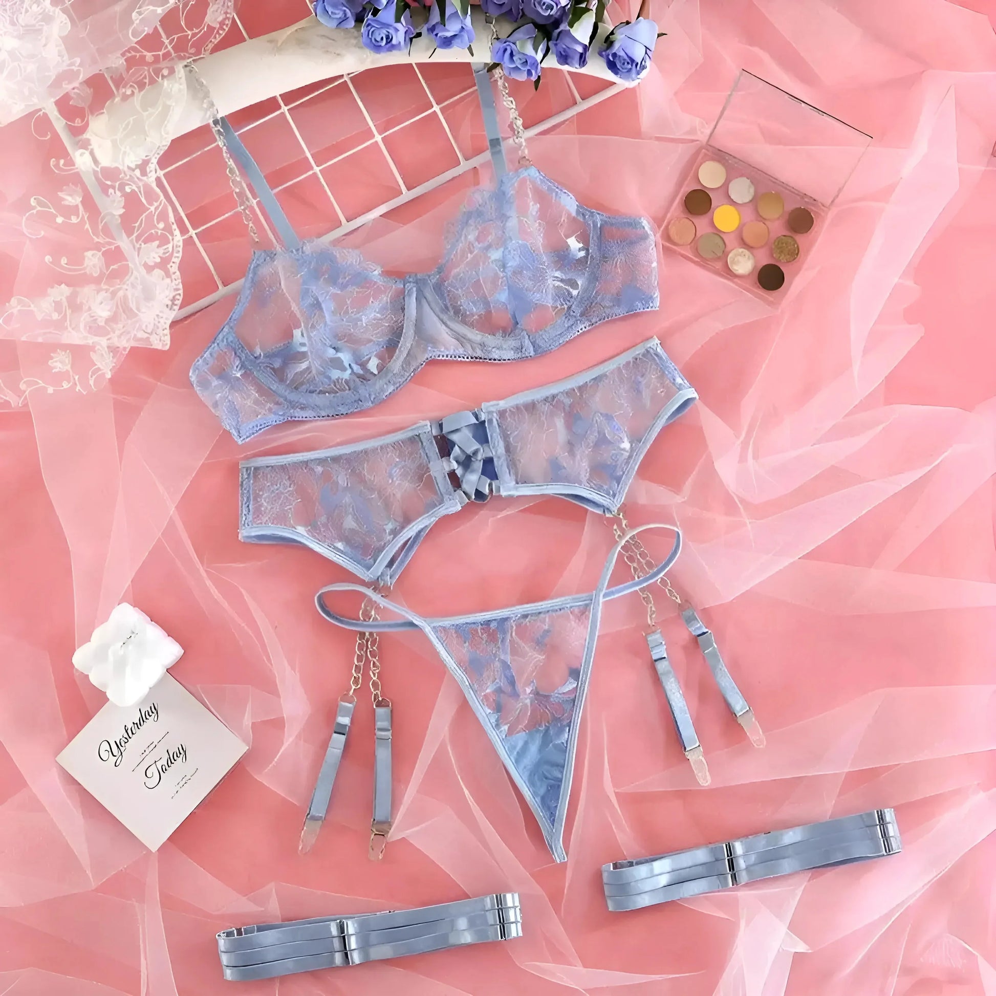 Blu Set di Lingerie in Pizzo con Catene