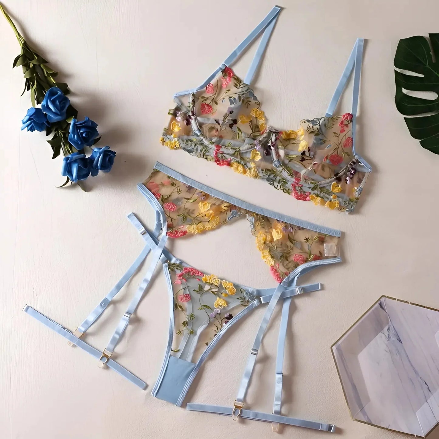 Blu Set di Lingerie in Pizzo con Fiori Ricamati