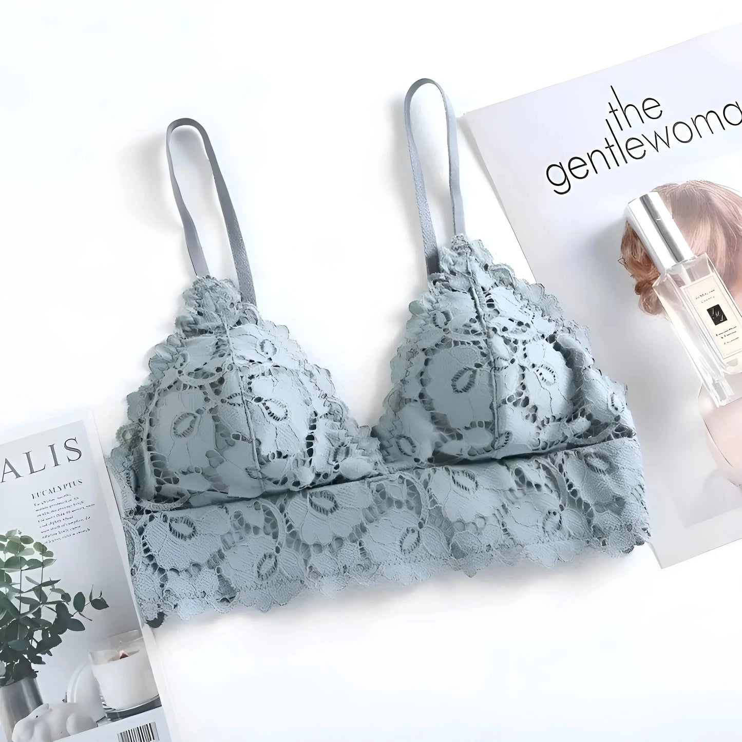 Blu Set di Lingerie in Pizzo con Design Floreale