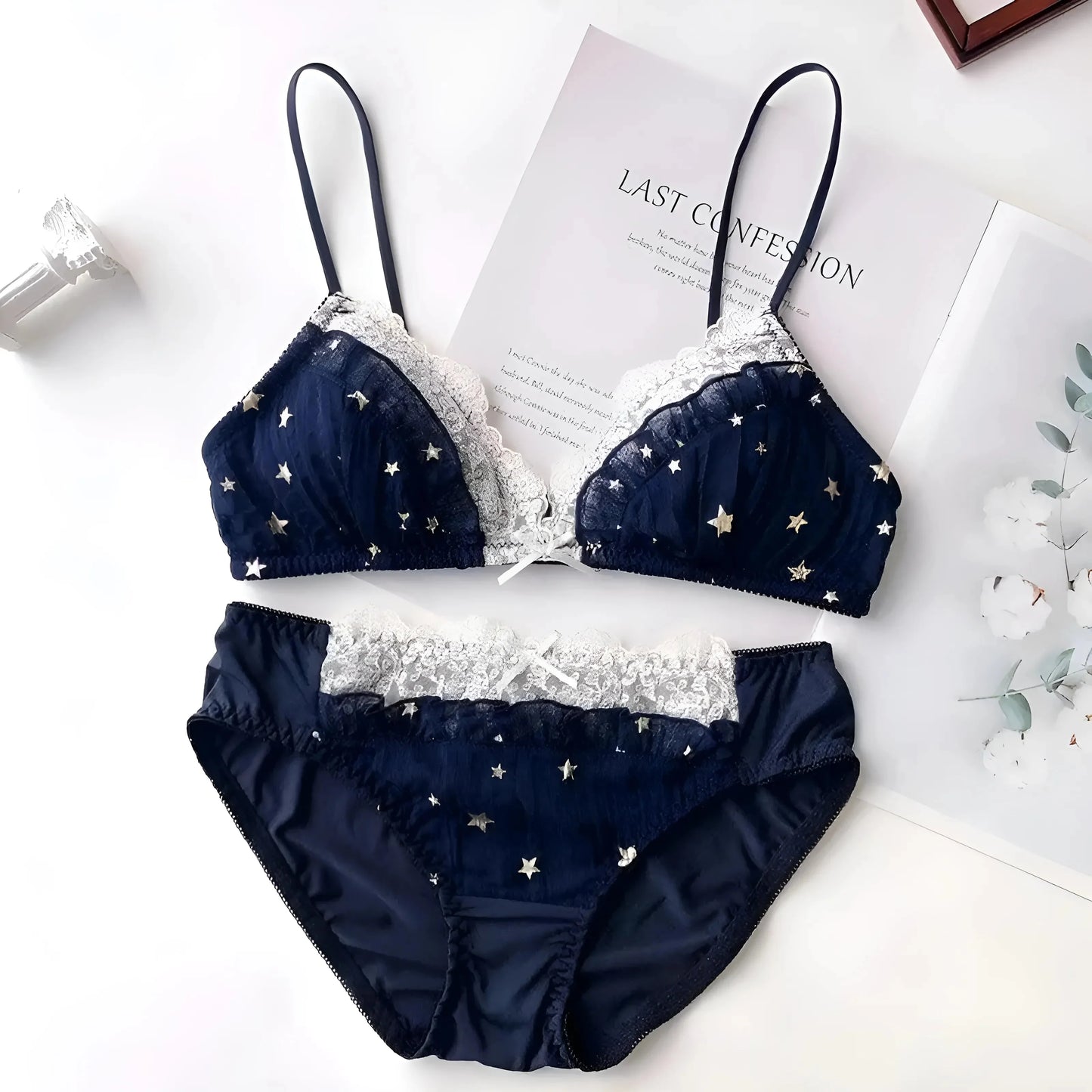 Blu Set di Lingerie in Pizzo con Stelle Dorate