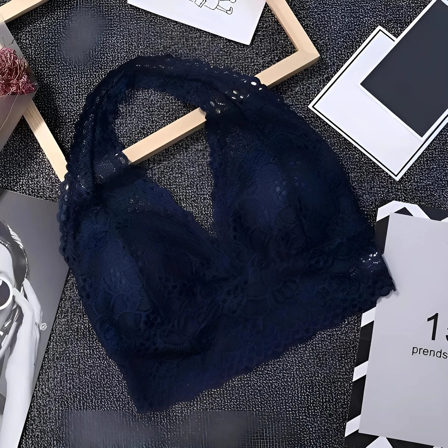 Blu Reggiseno Halter con Collo in Pizzo
