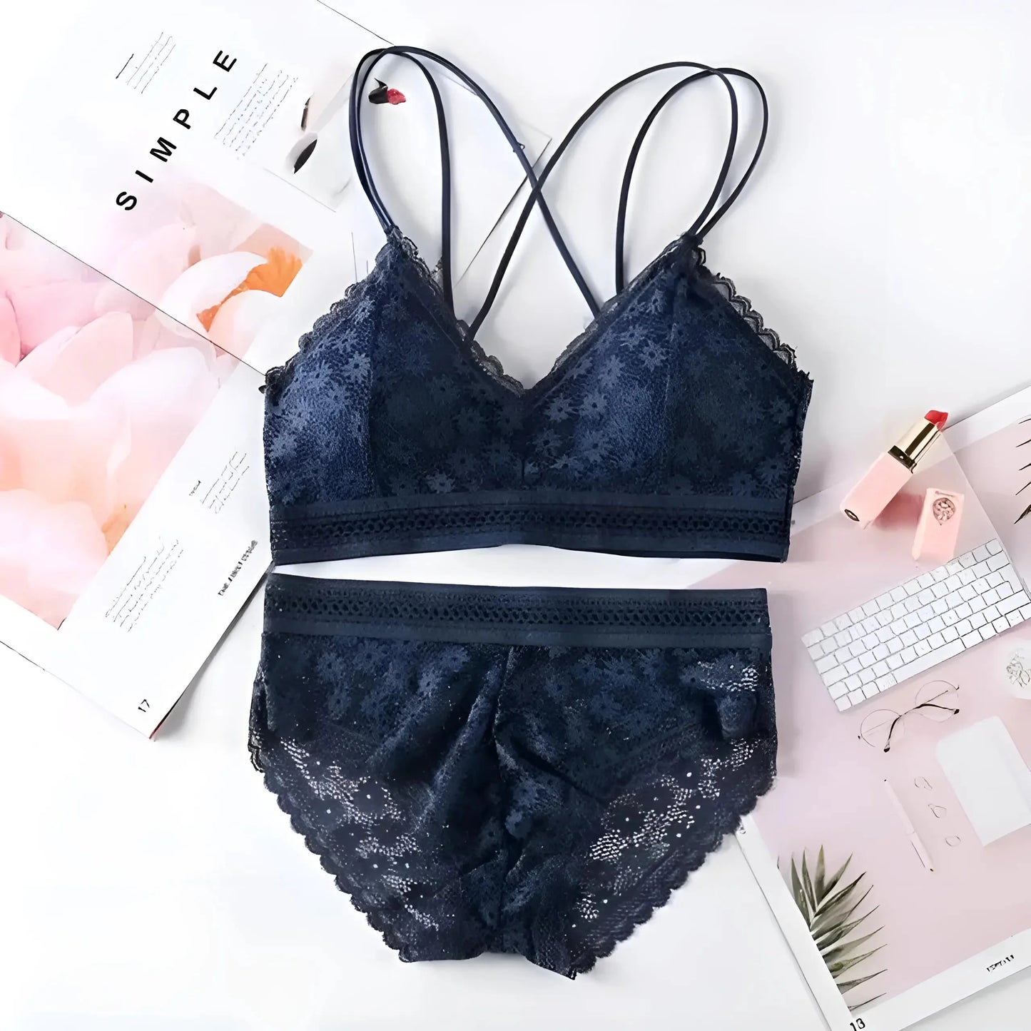 Blu Set di Pigiama in Pizzo