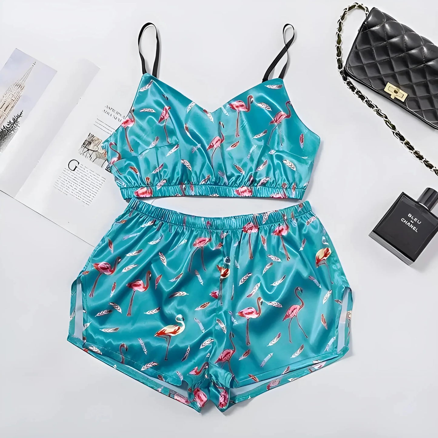 Blu Set di Pigiama con Top Corto e Motivo