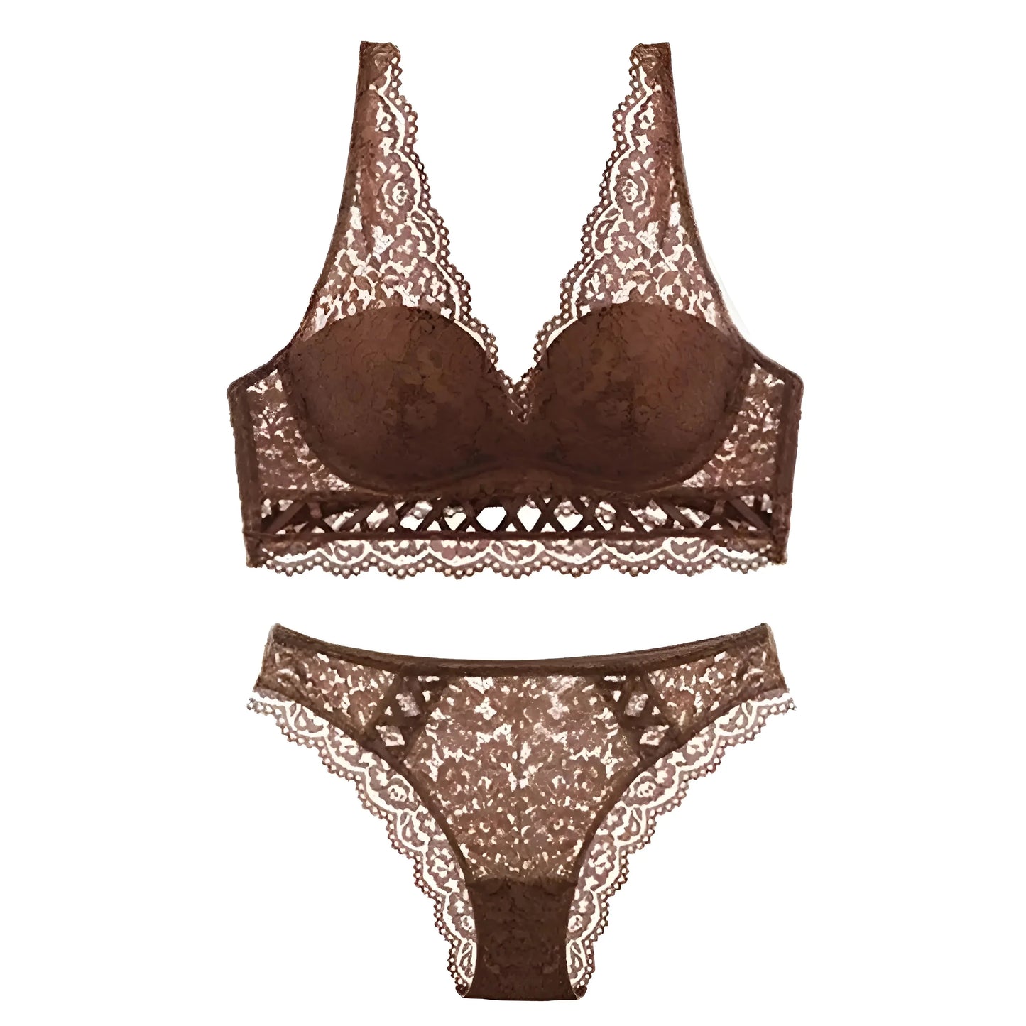 Marrone Set di Lingerie in Pizzo con Fiocchi Decorativi