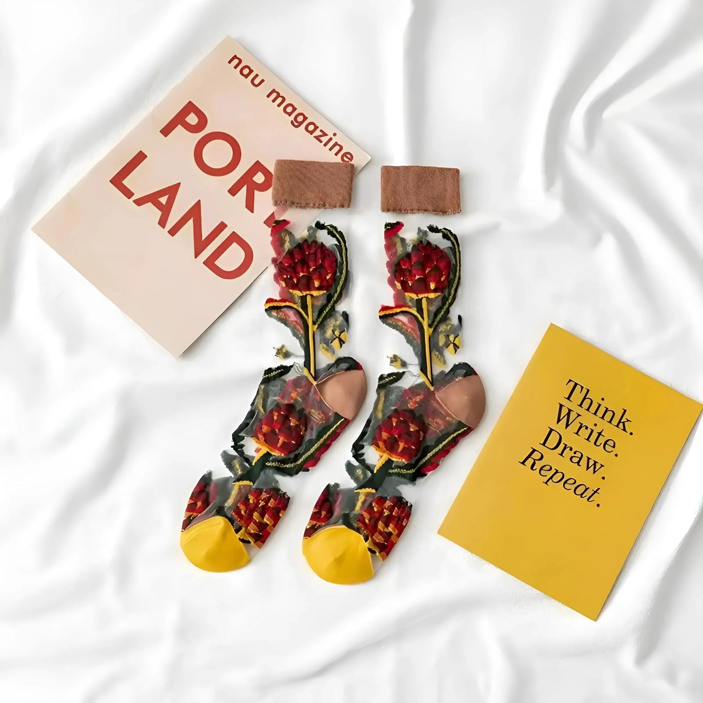 Marrone Calze Trasparenti con Motivo Floreale