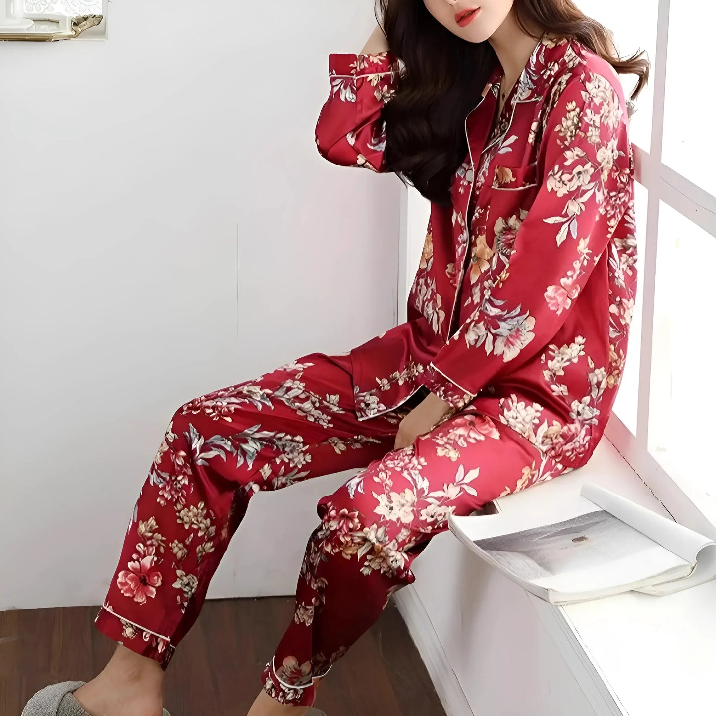 Borgogna Set di Pigiama Due Pezzi in Satin Floreale