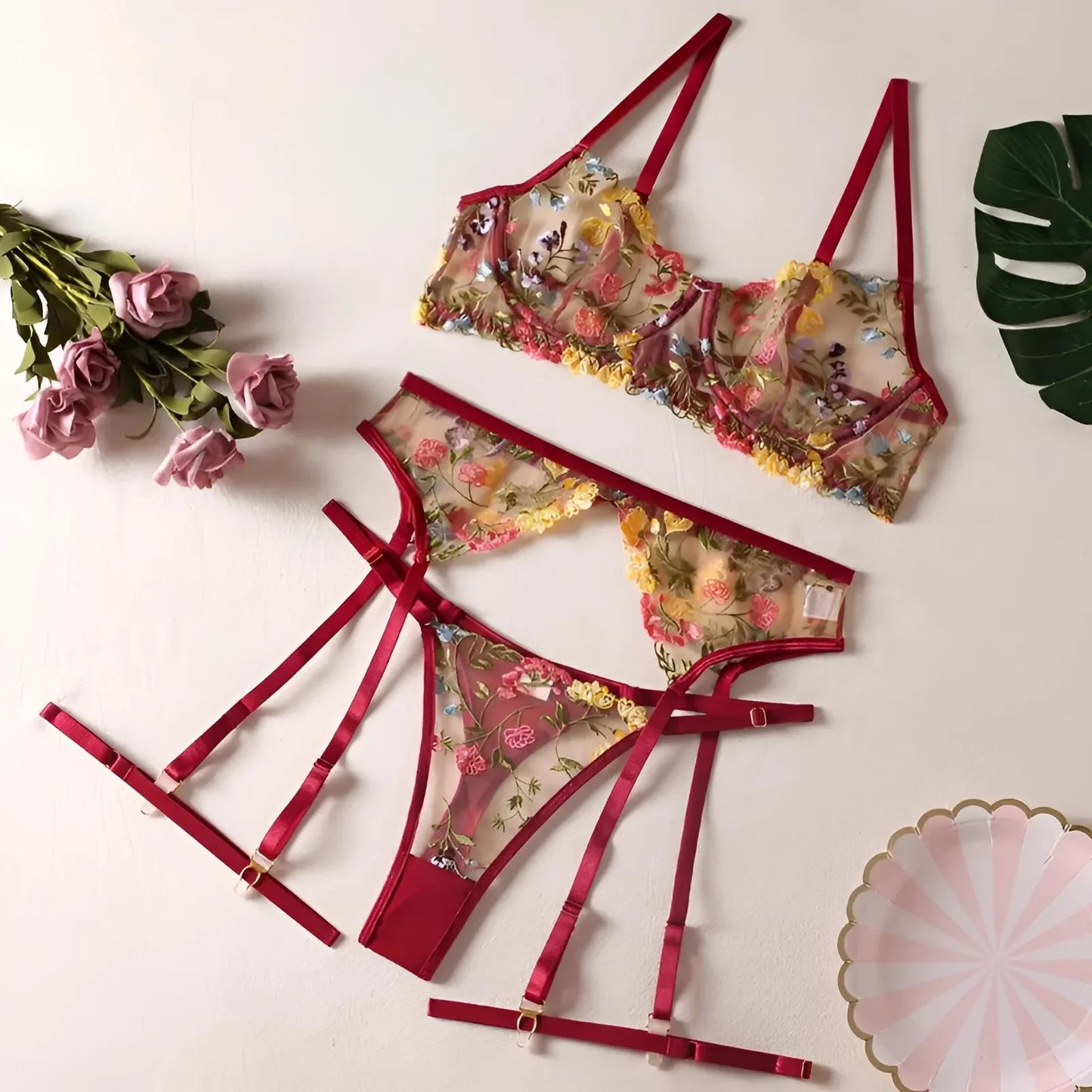 Borgogna Set di Lingerie in Pizzo con Fiori Ricamati