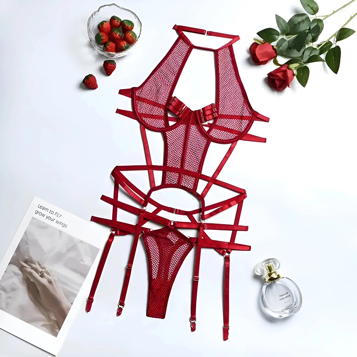 Borgogna Set di Lingerie a Due Pezzi con Cinghie