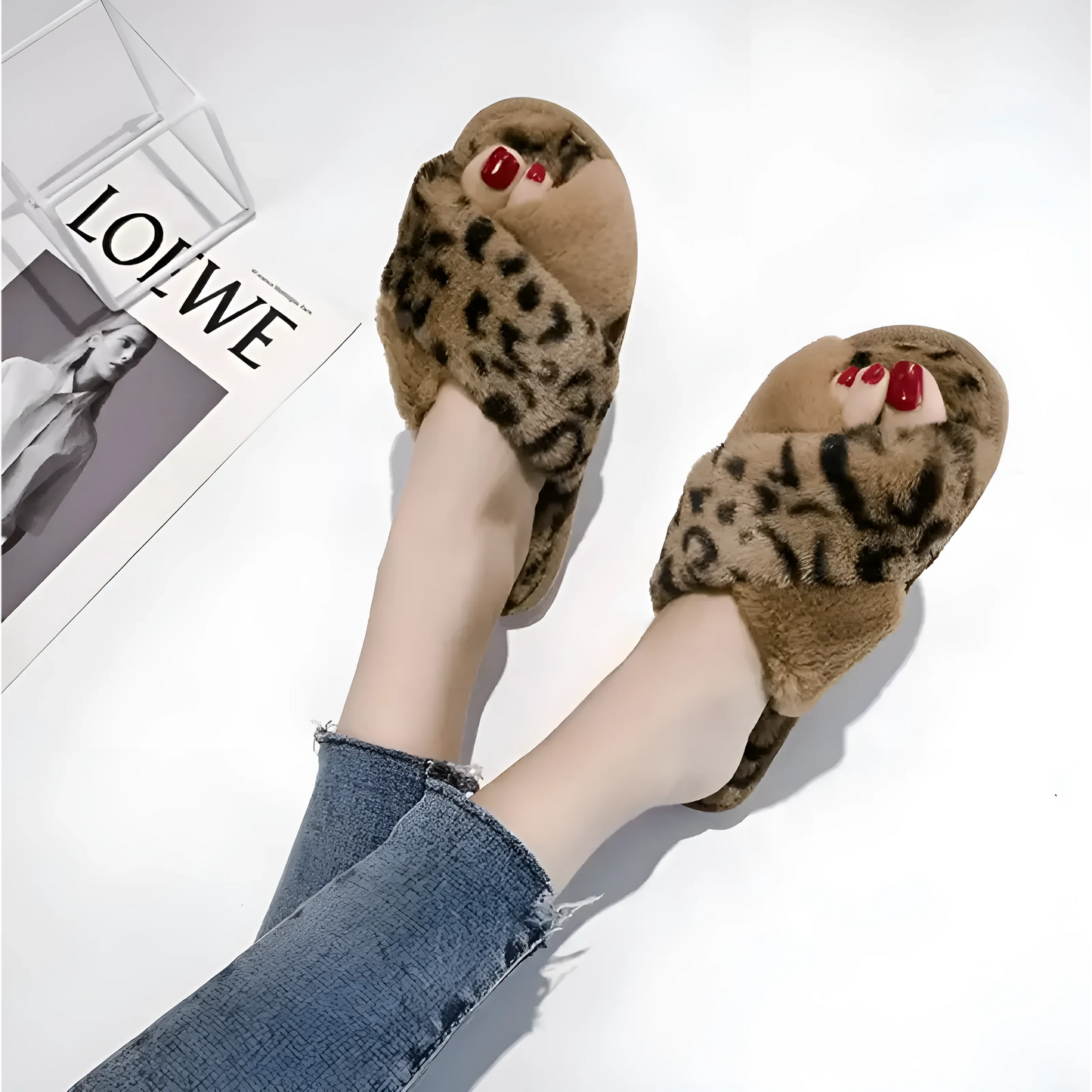 Pantofole in Stampa Leopardo Fluffy per Donne