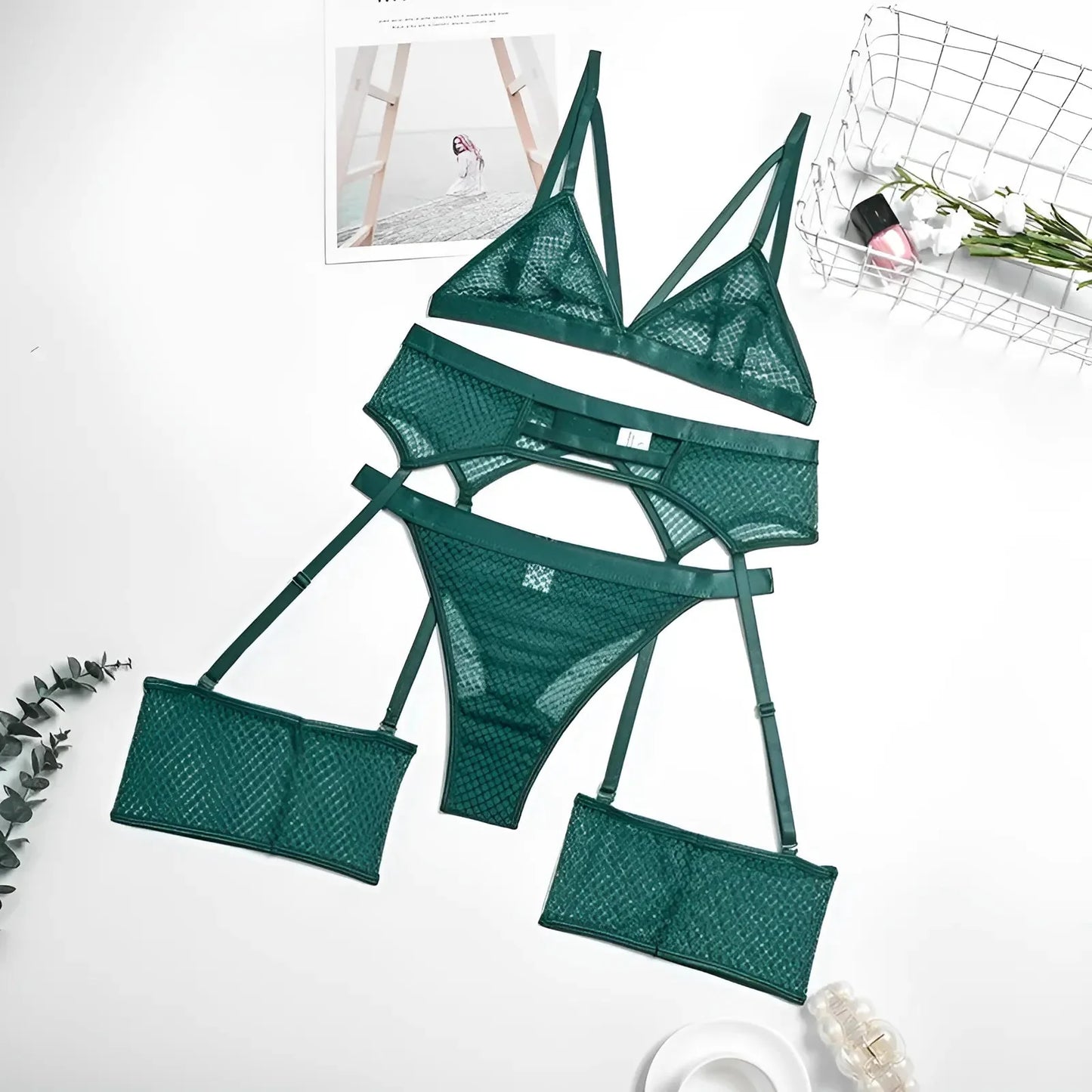 Verde Set di Lingerie in Pizzo a 3 Pezzi