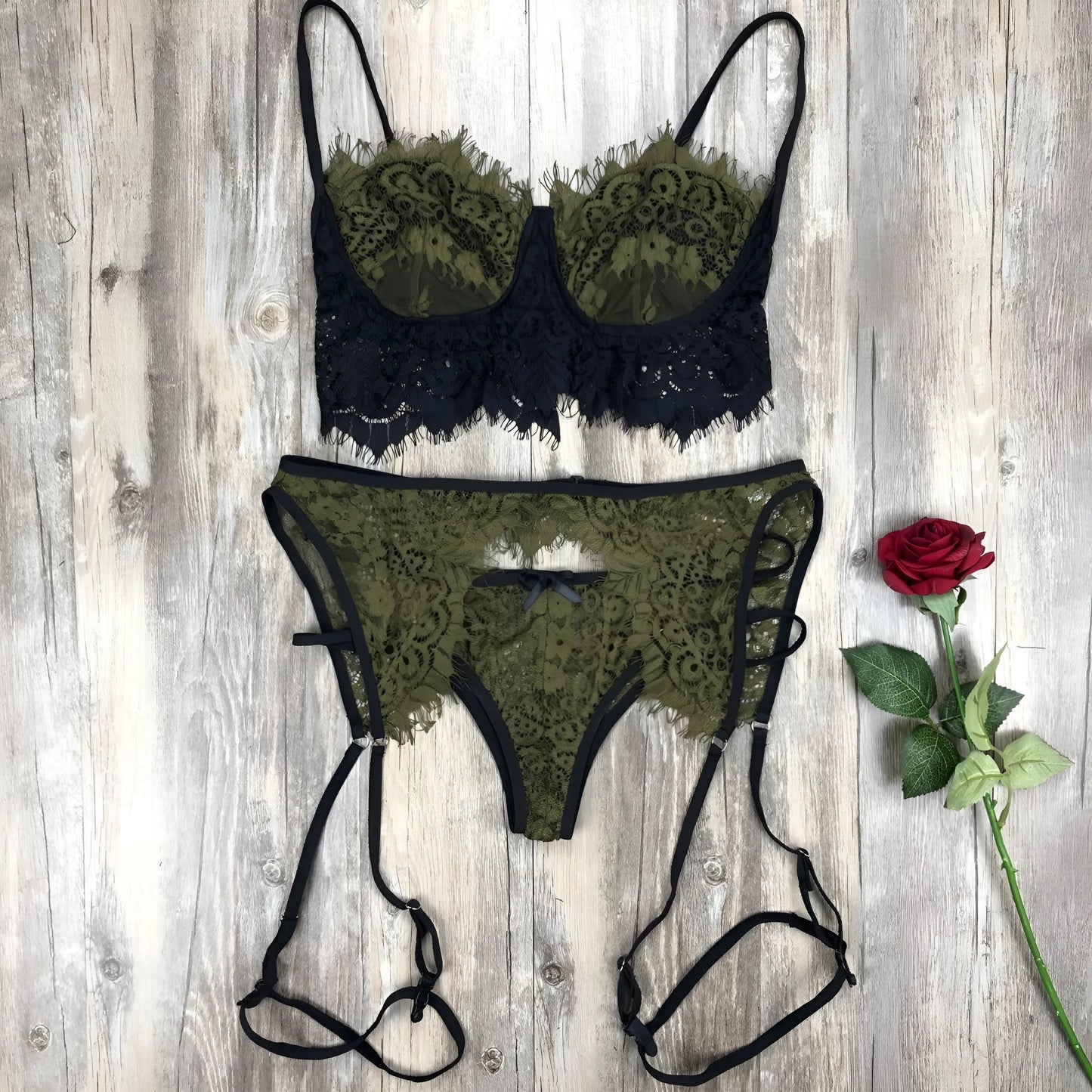Verde Set di Lingerie in Pizzo a 3 Pezzi con Cinghie per Cosce
