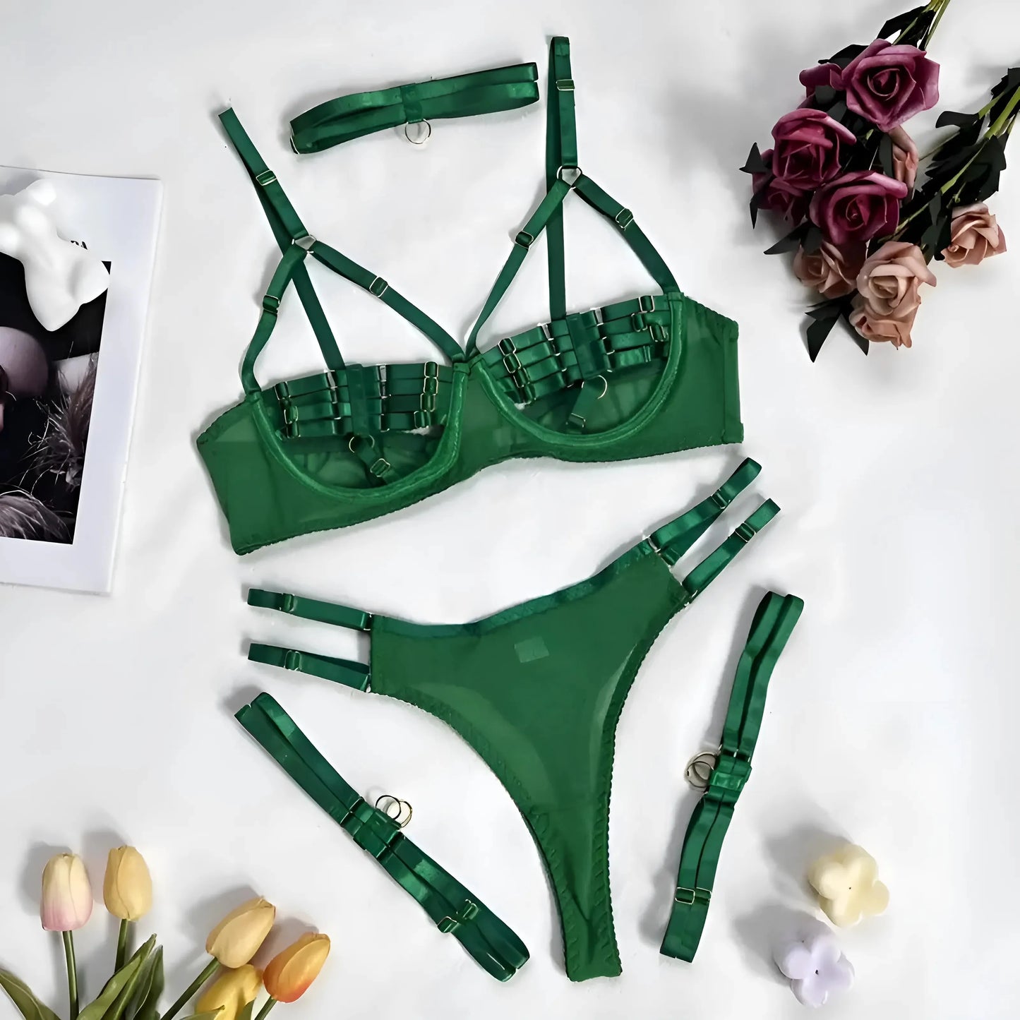Verde Set di Lingerie a 4 Pezzi con Cinghie Decorative