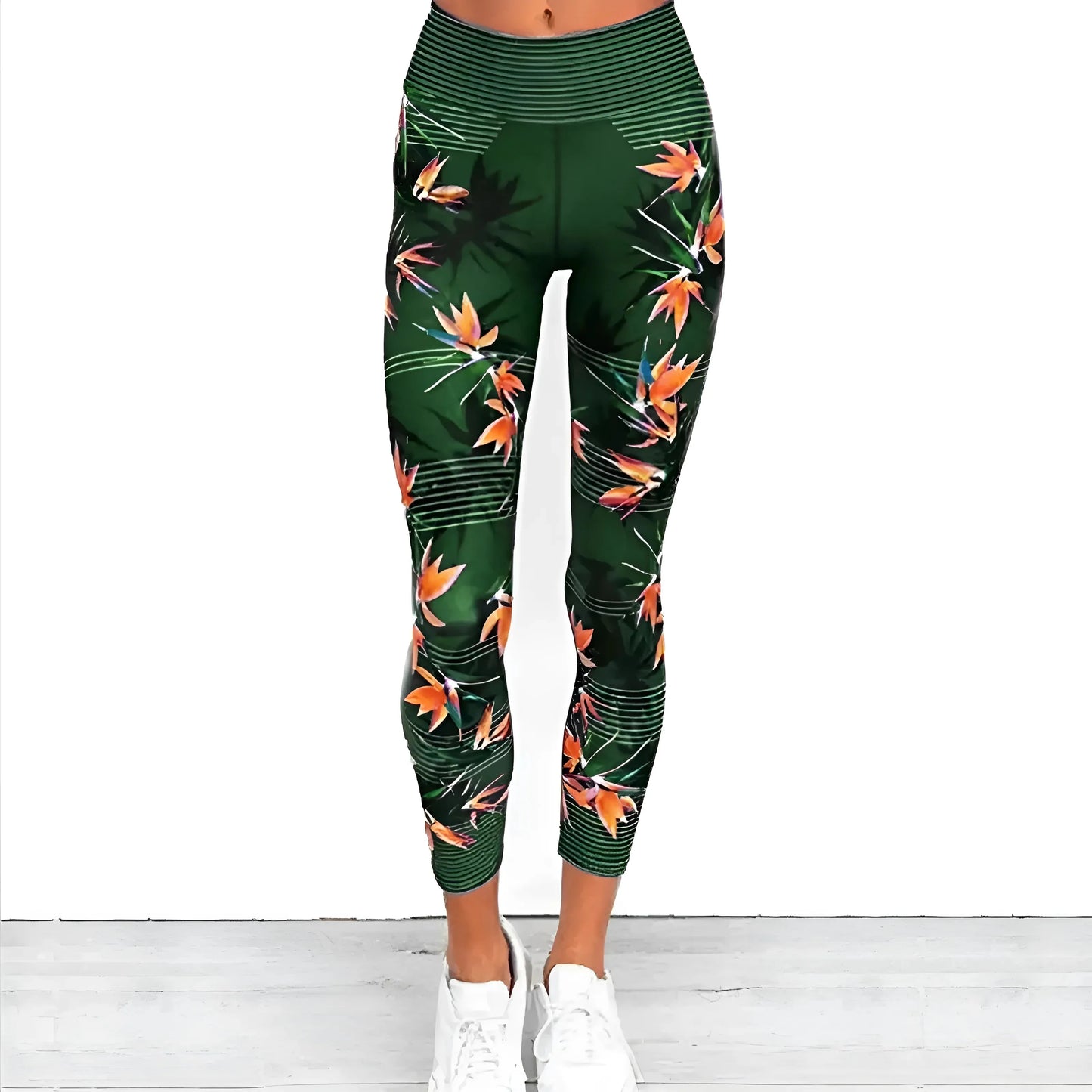 Verde Leggings Sportivi con Stampa Floreale