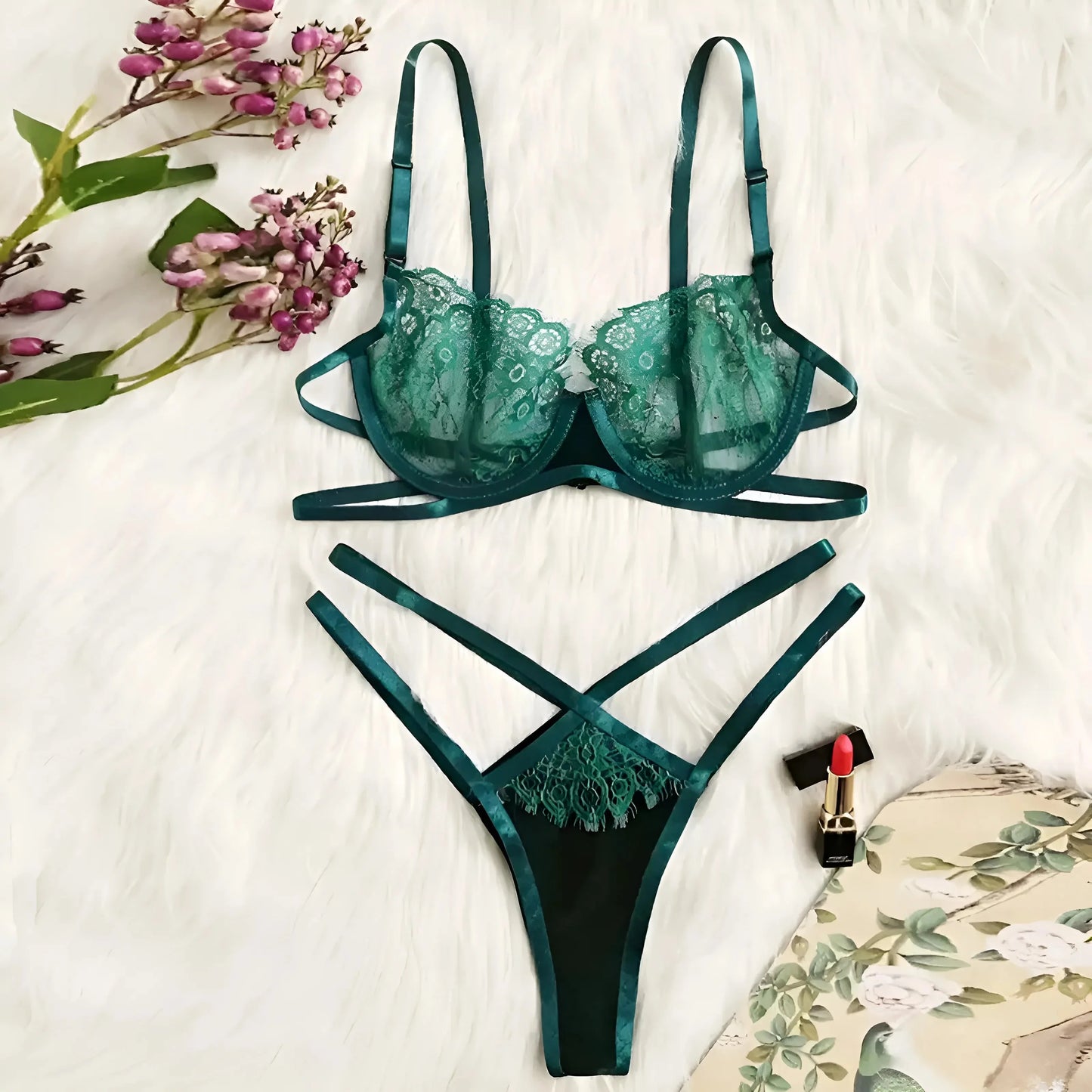 Verde Set di Lingerie Verde in Pizzo con Cinghie