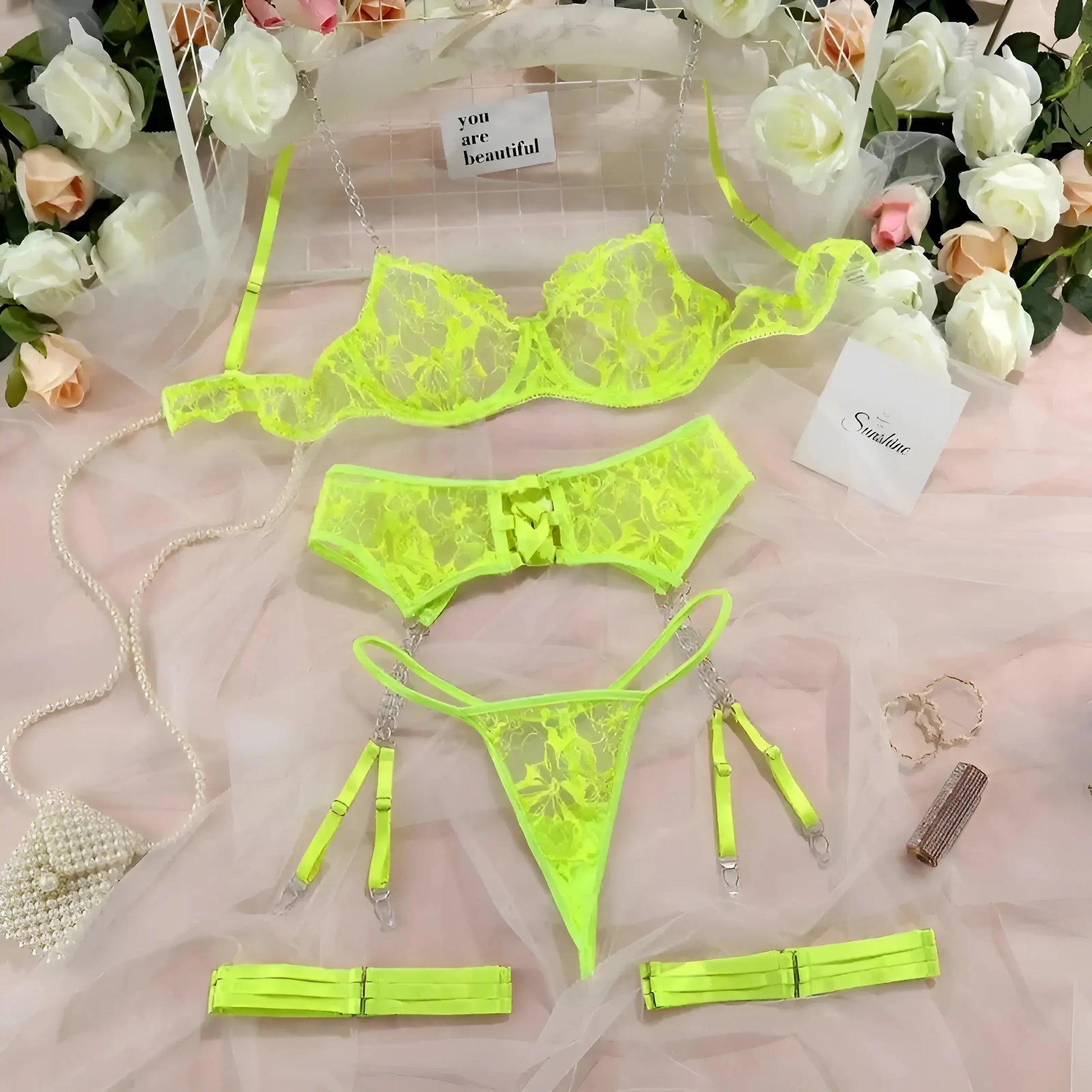 Verde Set di Lingerie in Pizzo con Catene