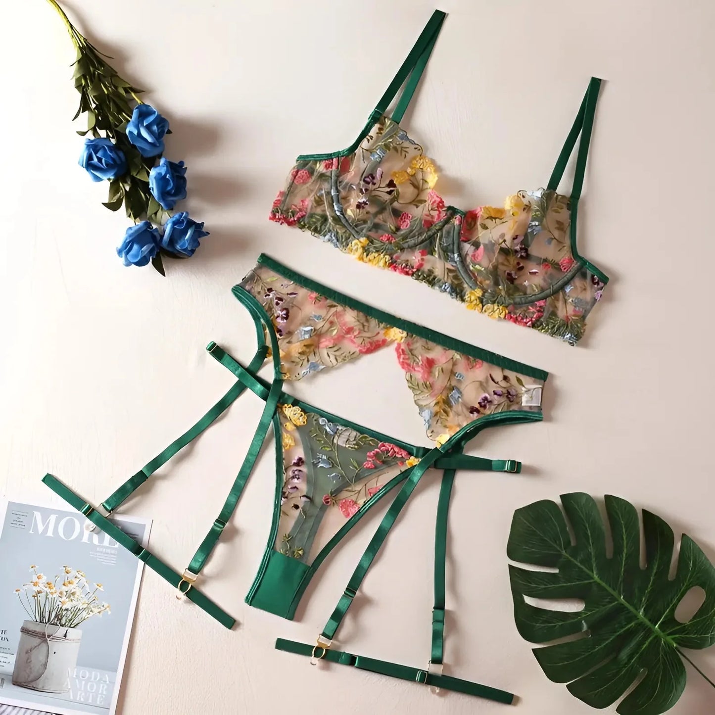 Verde Set di Lingerie in Pizzo con Fiori Ricamati