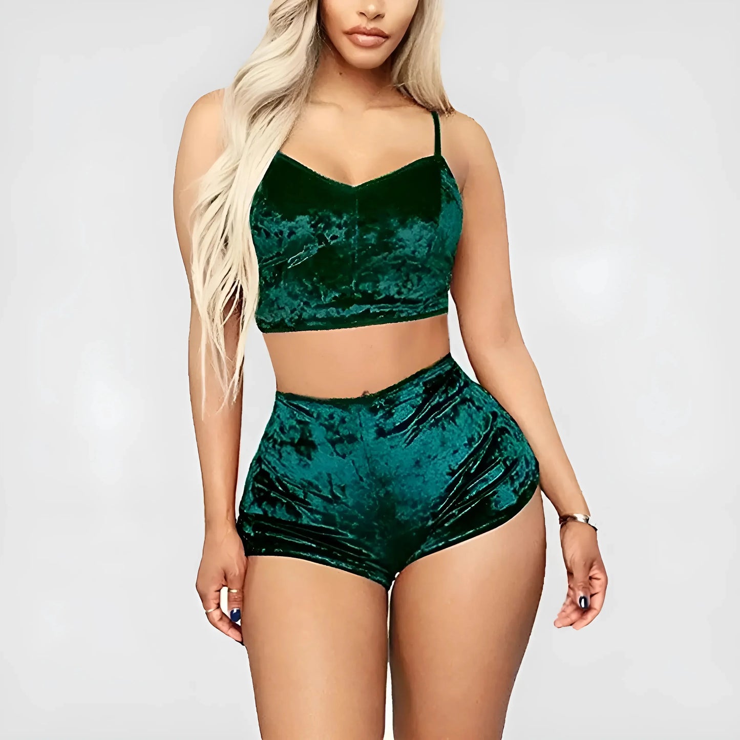 Verde Set di Pigiama in Velluto con Top e Pantaloni Corti