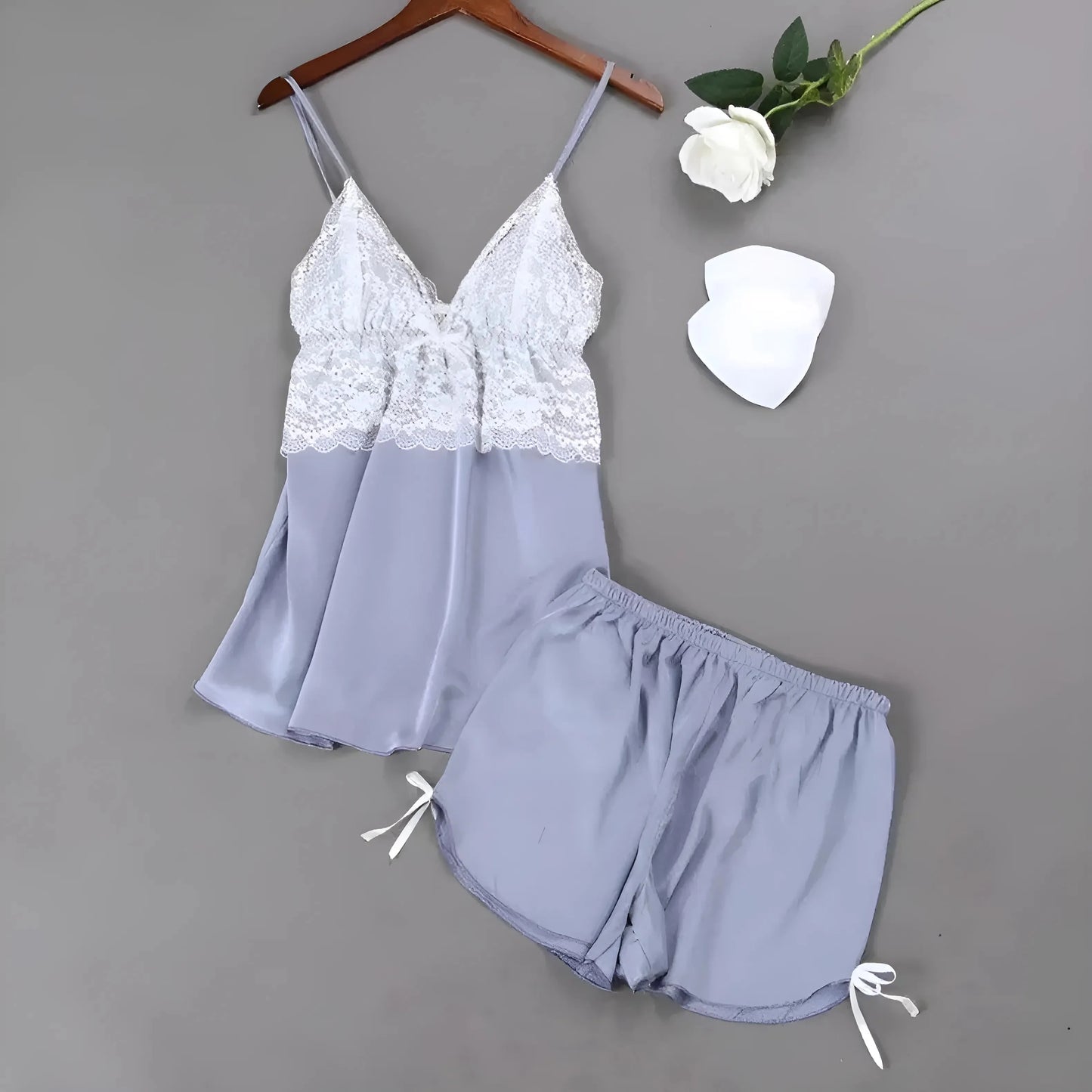 Azzurro Set di Pigiama Donna con Bustino in Pizzo