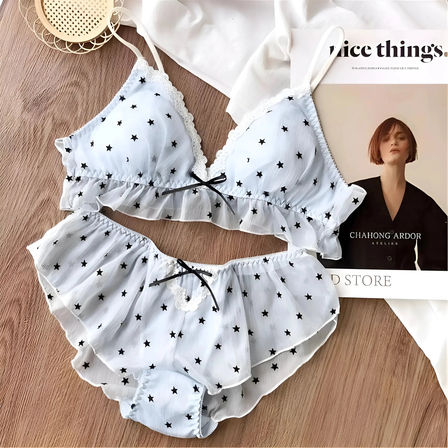 Azzurro Set di Lingerie in Pizzo con Stelle Nere