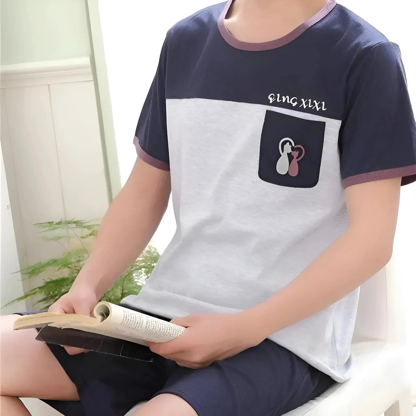 Blu Marino-Beige Pigiama da uomo con motivo