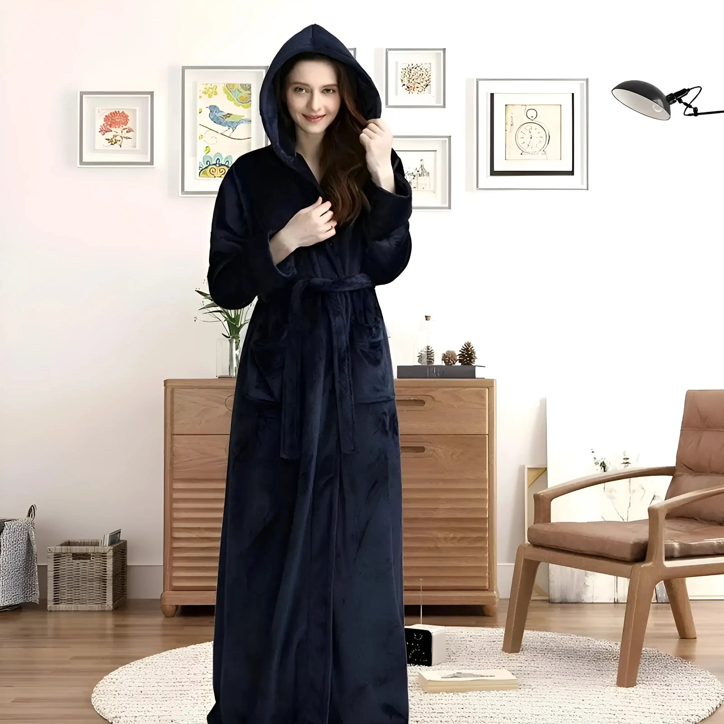 Blu Marino Accappatoio in pile con cappuccio da donna