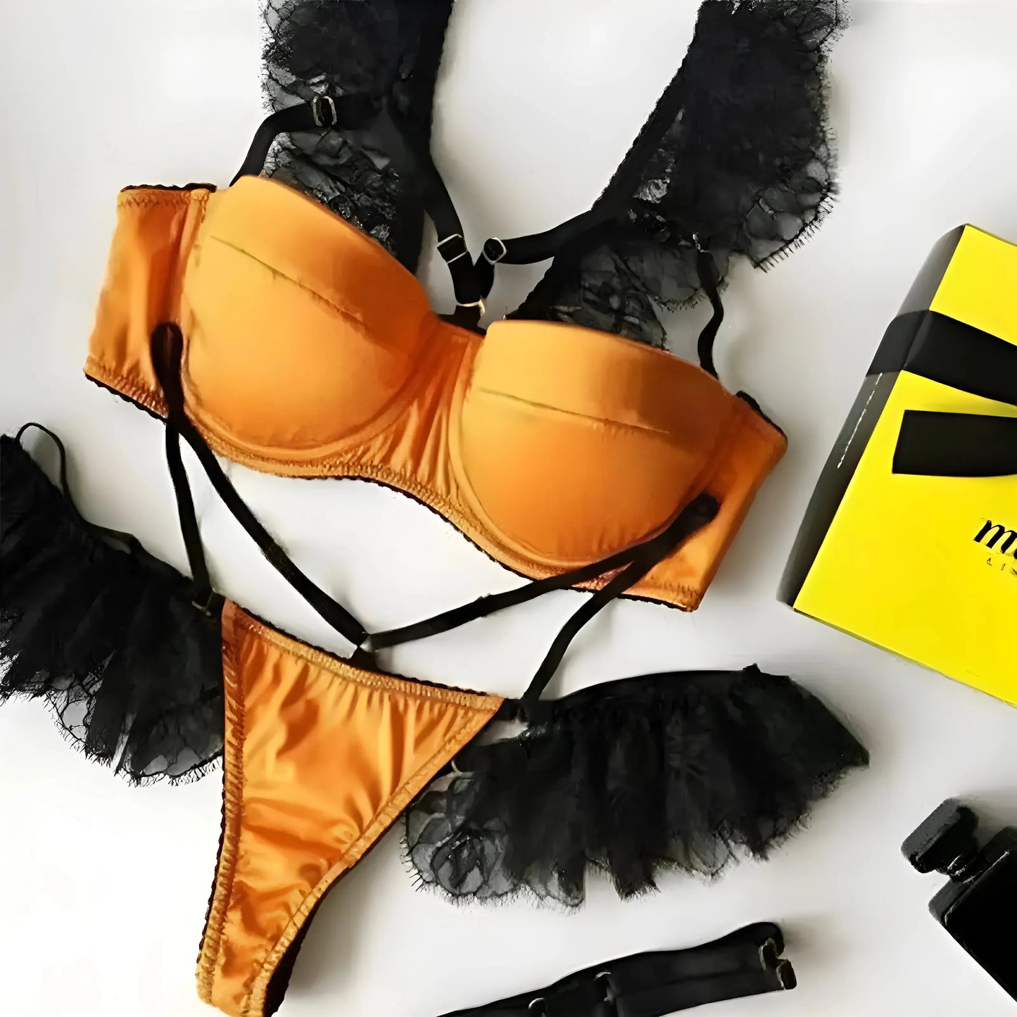 Arancione Set di Lingerie in Pizzo con Bordo Decorativo