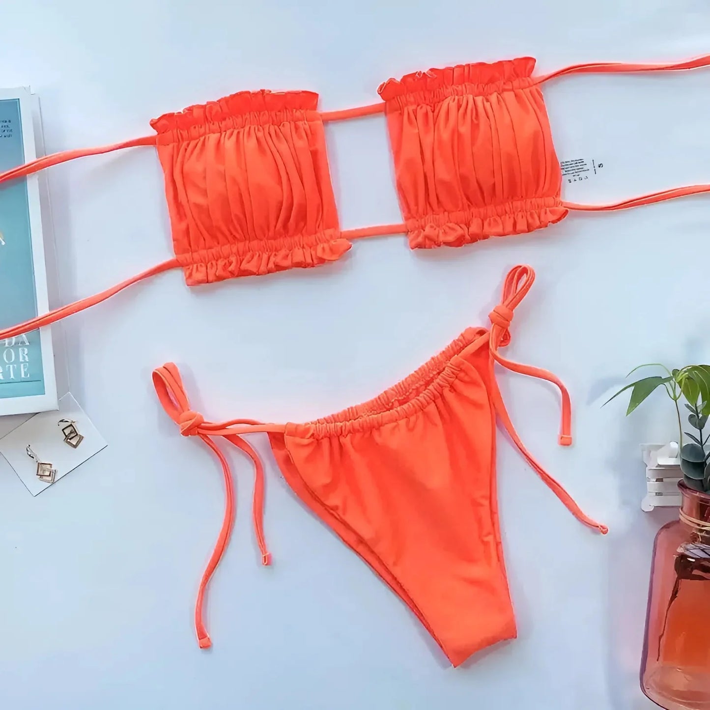 Arancione Set Bikini Due Pezzi Senza Spalline