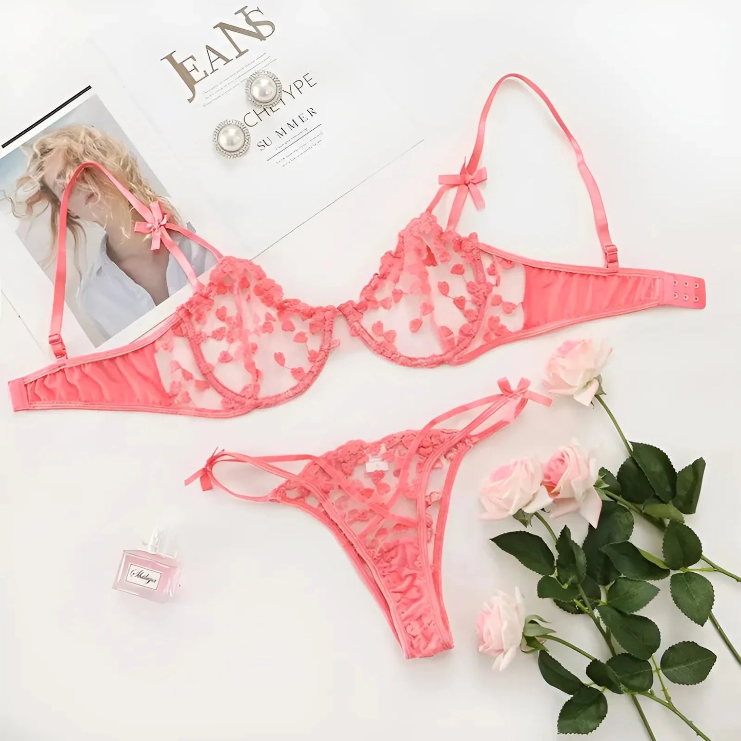 Rosa Set di Lingerie con Stampa Cuore in Pizzo