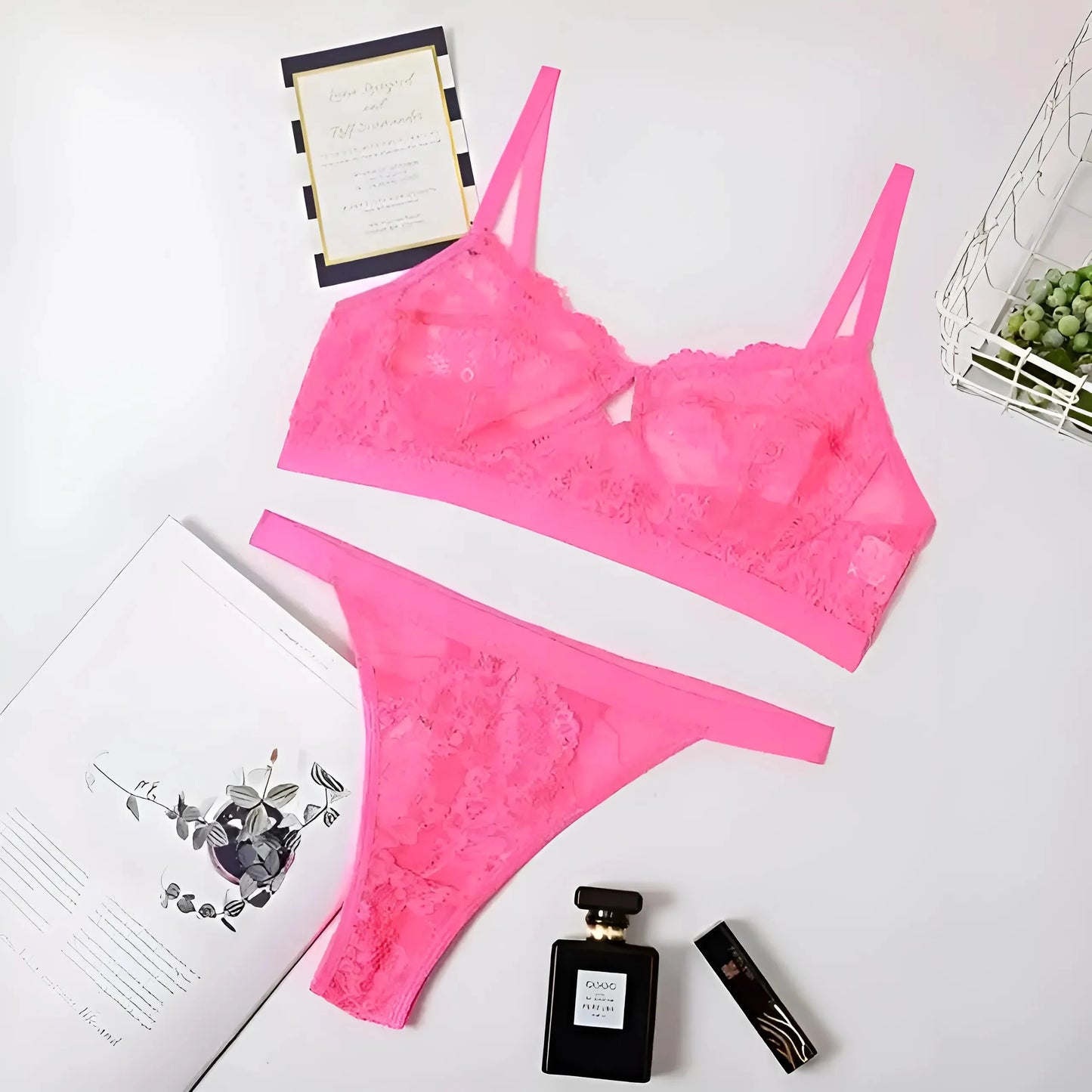 Rosa Set di Lingerie in Pizzo a Vita Alta