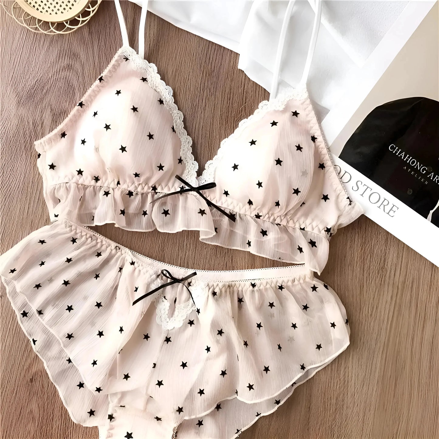 Rosa Set di Lingerie in Pizzo con Stelle Nere