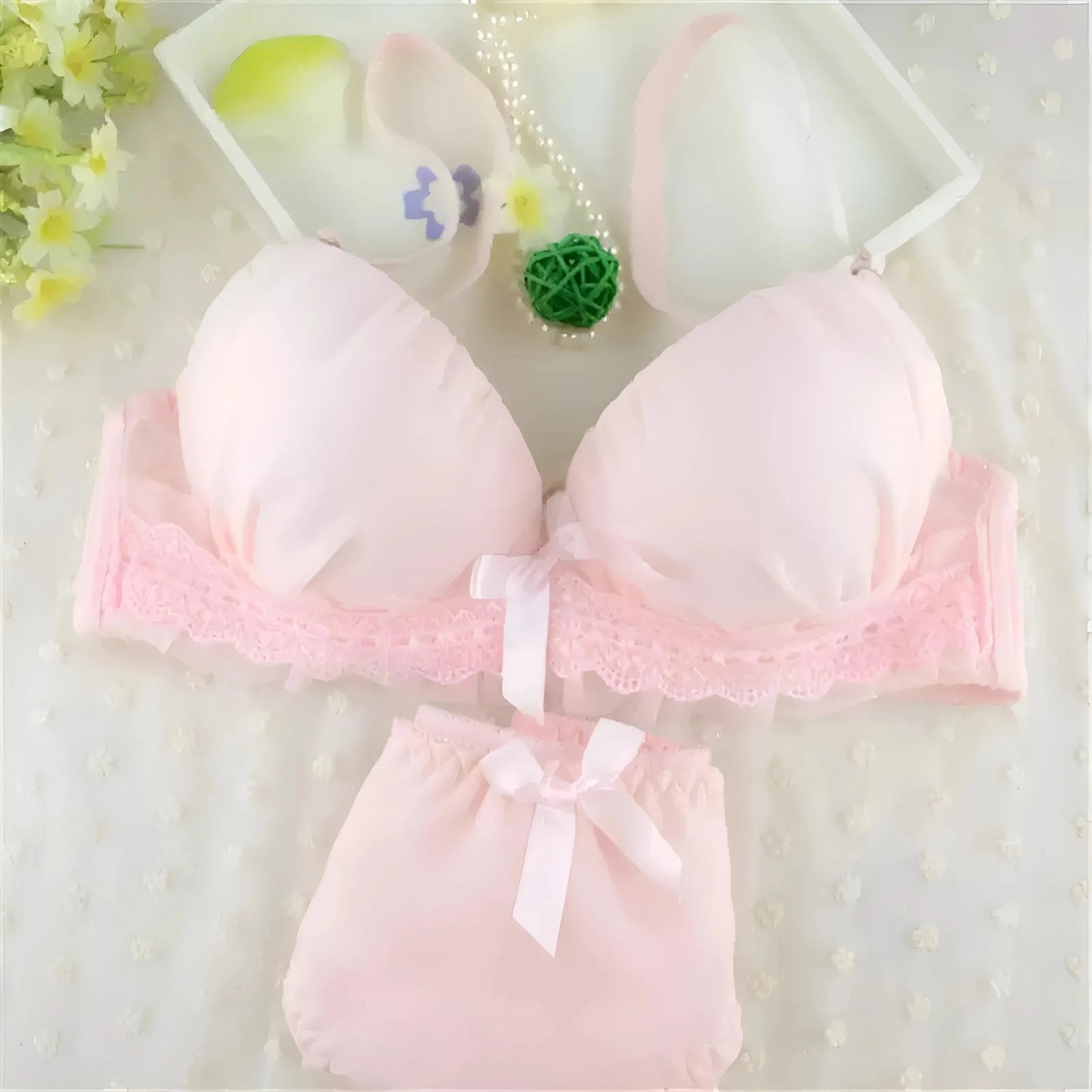 Rosa Set di Lingerie in Pizzo con Fiocchi