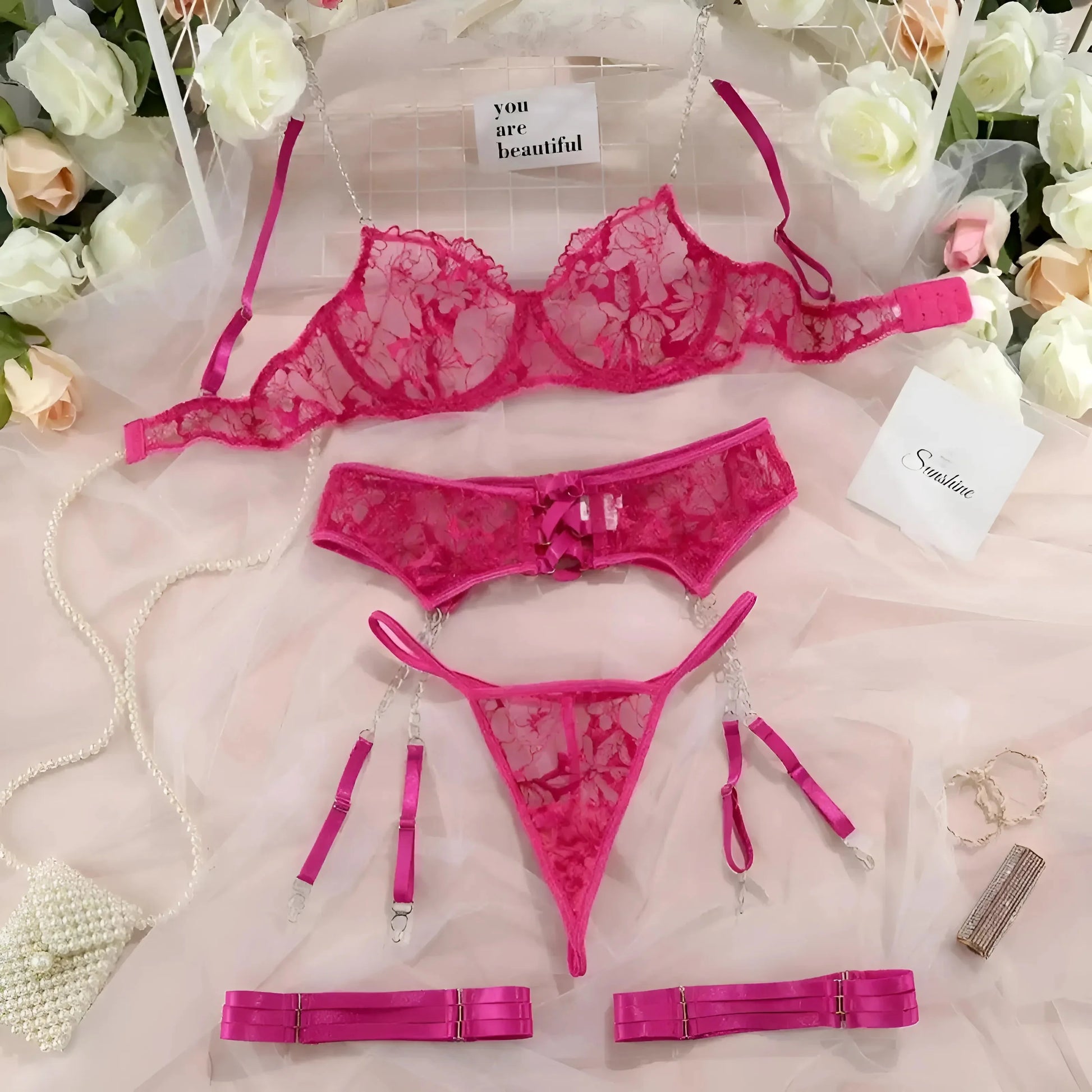 Rosa Set di Lingerie in Pizzo con Catene