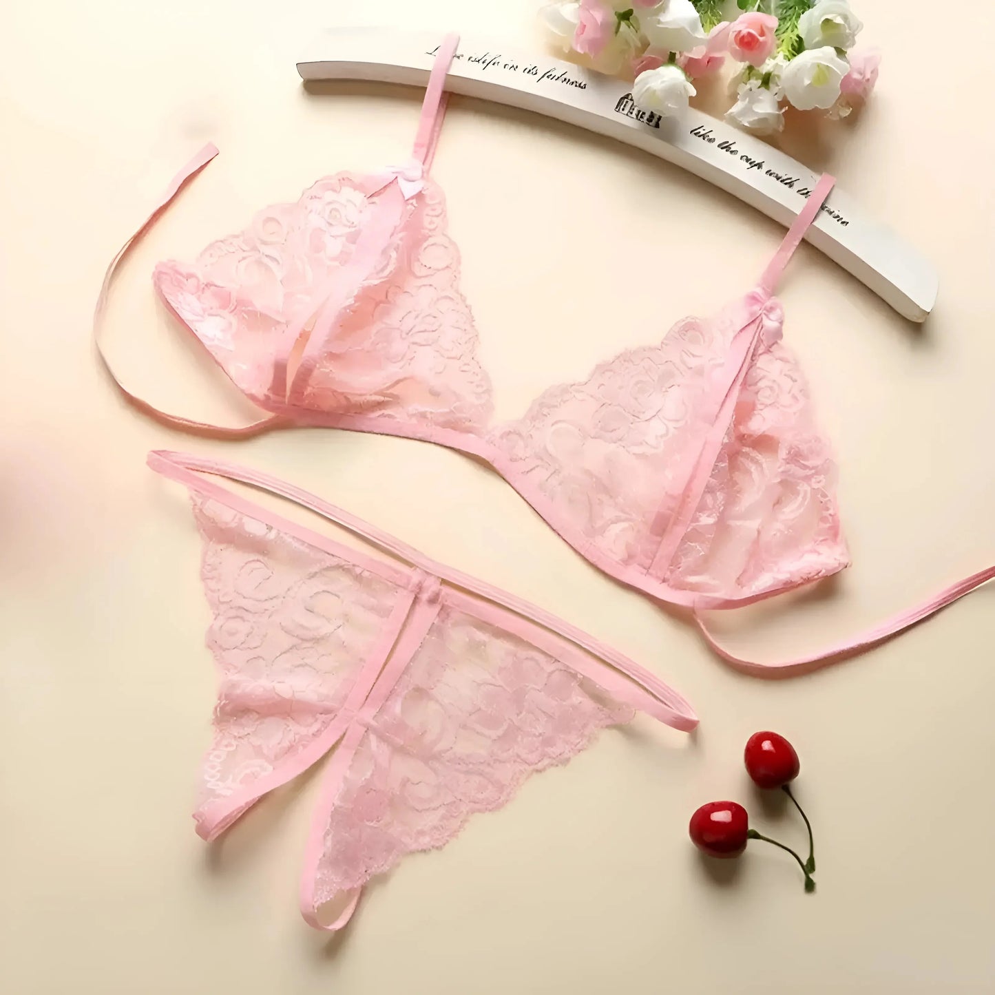Rosa Set di Lingerie in Pizzo con Taglietti